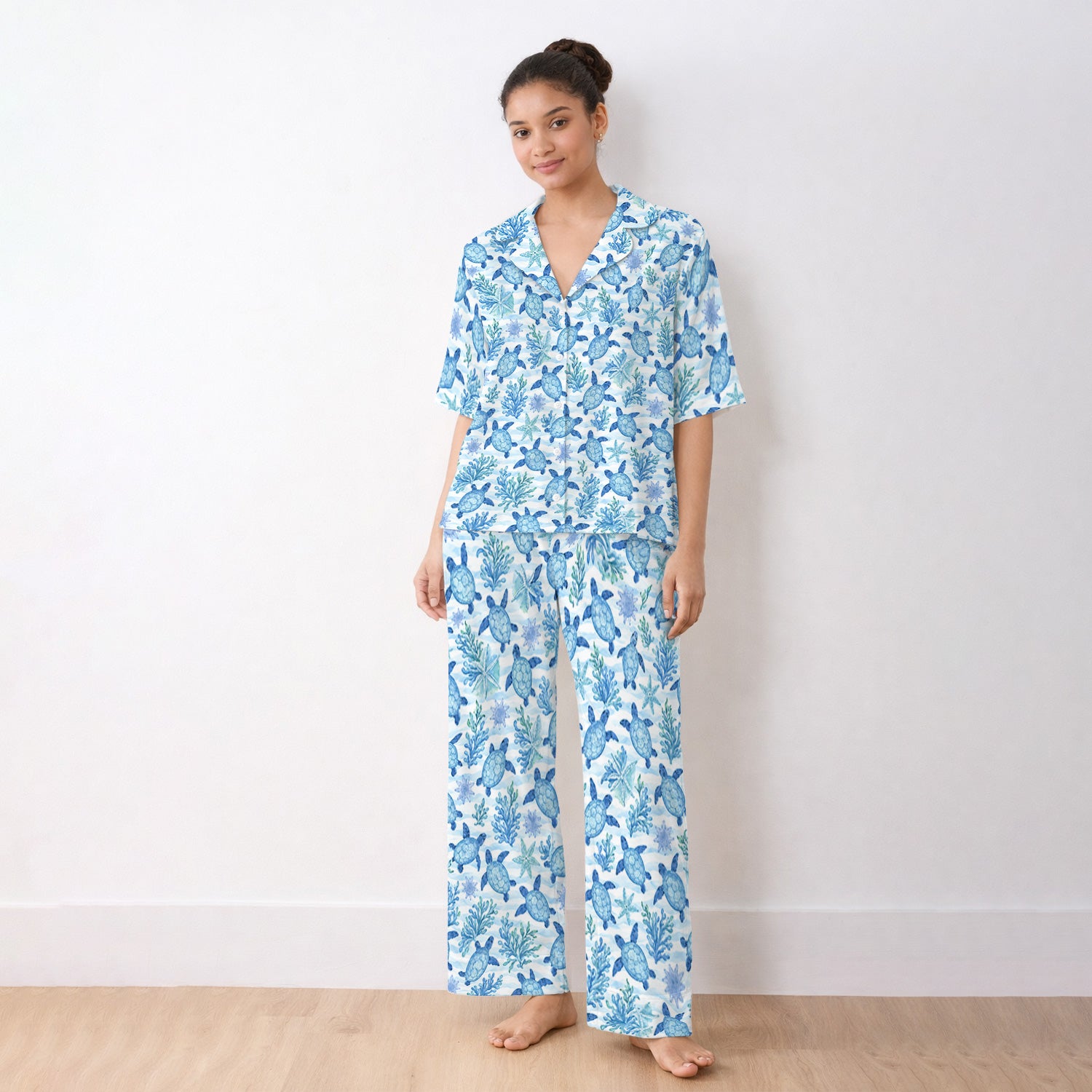 Cute Coastal Sea Turtle Coral Pattern Pajama Set, Soft Breathable Fabric Comfortable Sleepwear