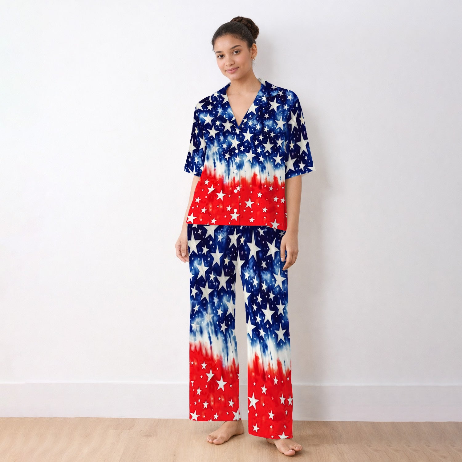 Patriotic Stars Tie Dye Pattern Pajama Set, Soft Breathable Fabric Comfortable Sleepwear