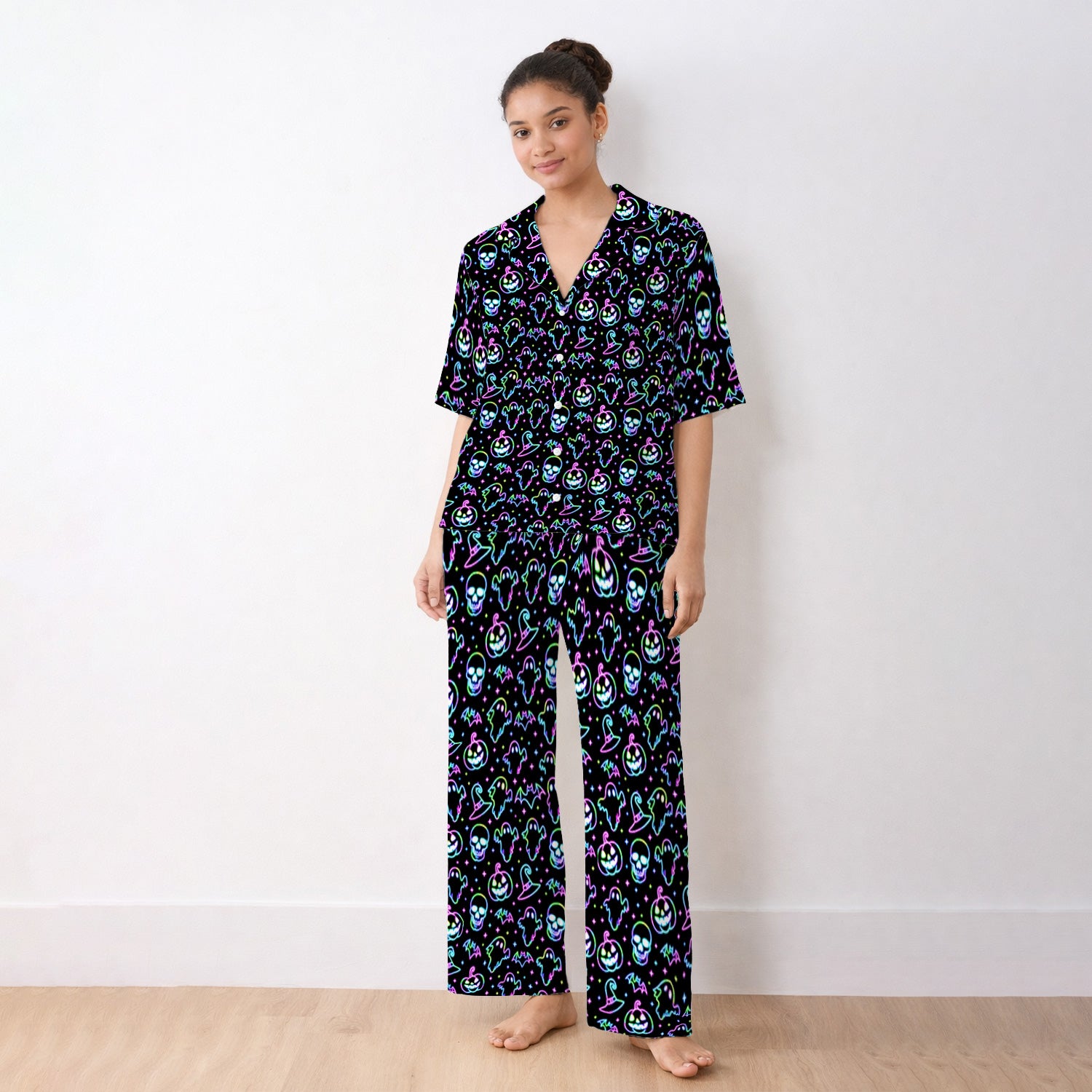 Pumpkin Skull Spooky Print Pajama Set, Soft Breathable Fabric Comfortable Sleepwear