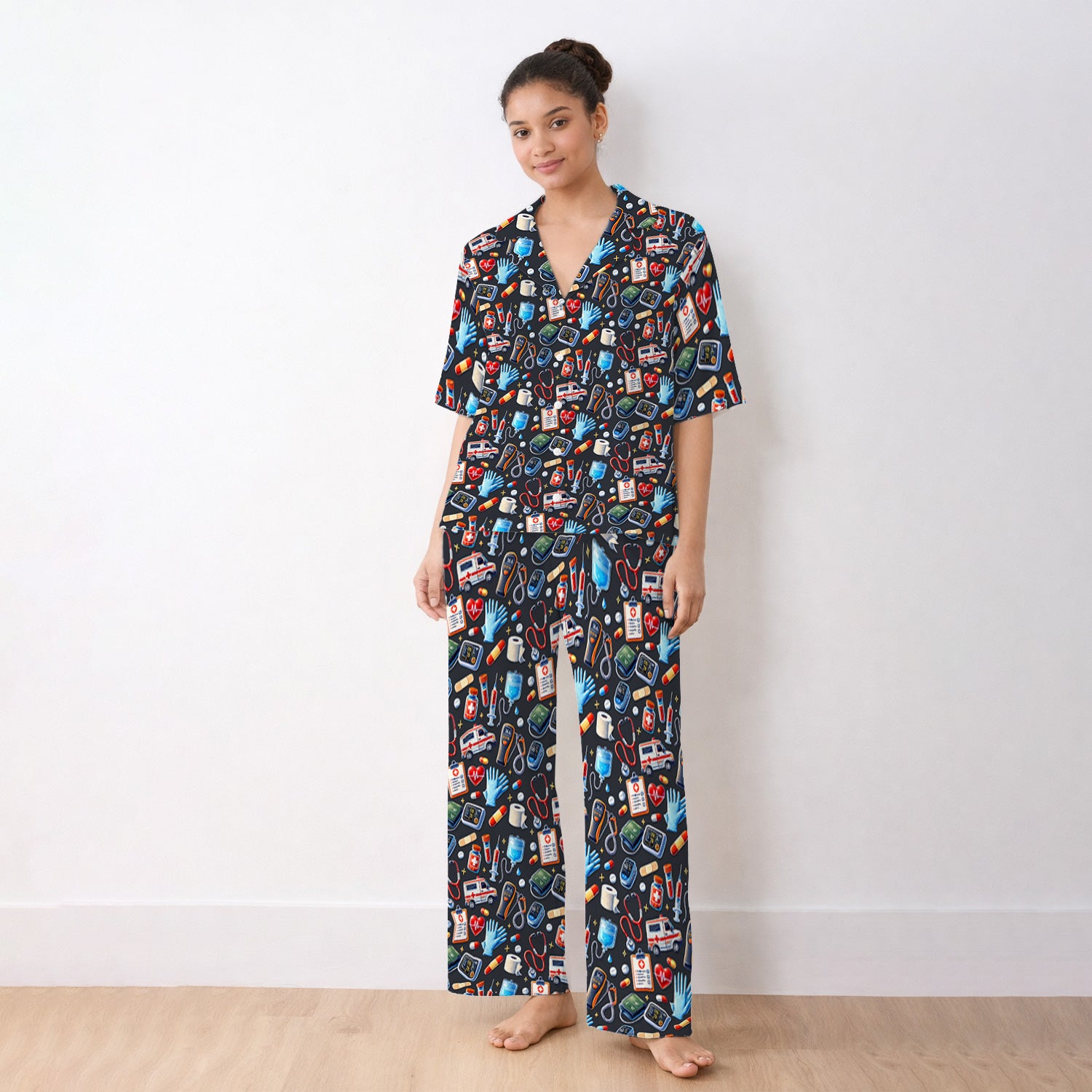 Medical Tools Pattern Ambulance Stethoscope Pajama Set, Breathable Fabrics Uniform