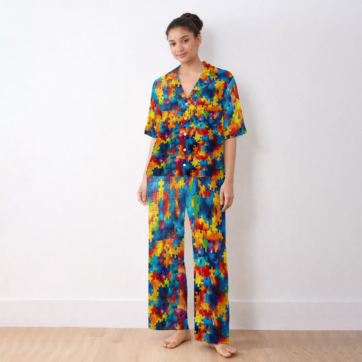 Bright Rainbow Puzzle Piece Art Pajama Set, Soft Breathable Fabric Comfortable Sleepwear