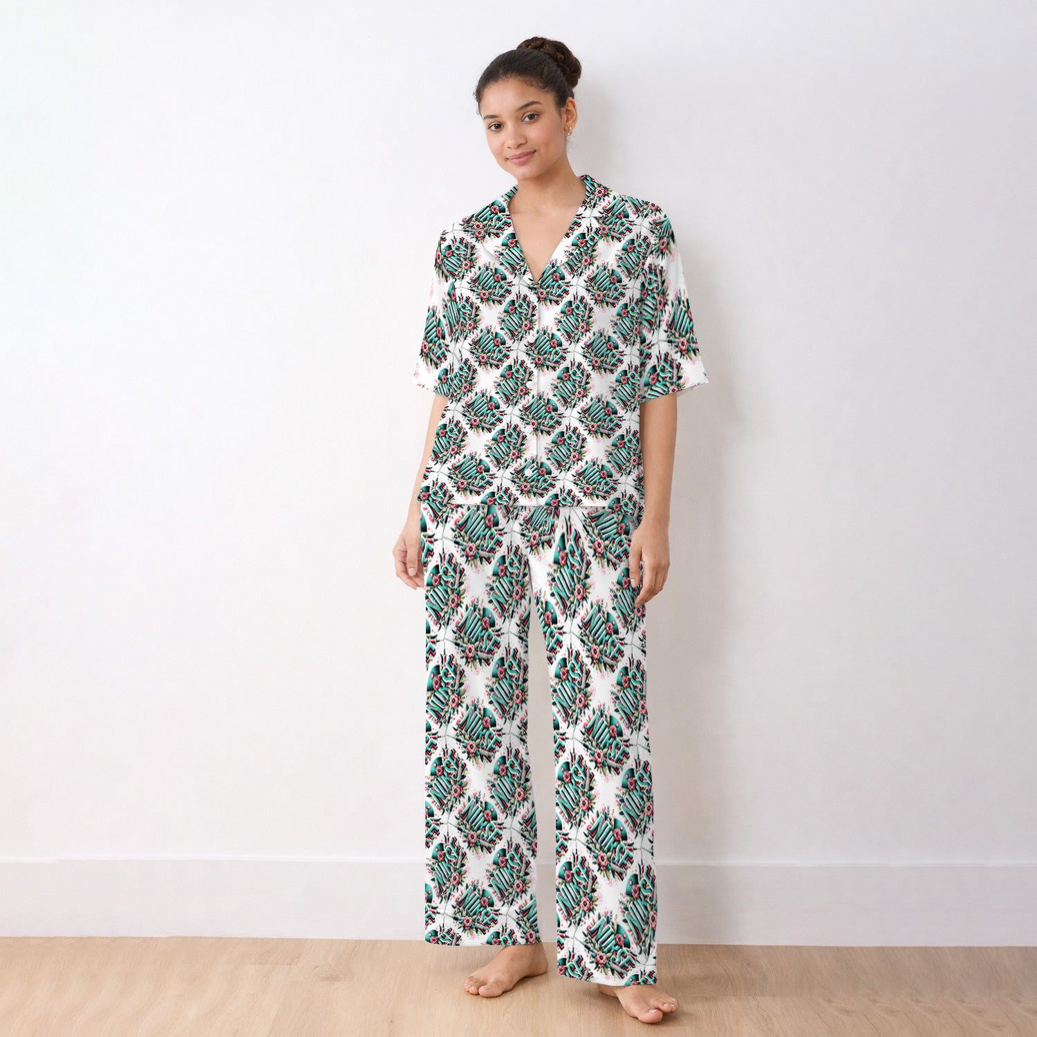Cute Nurse Typography Floral Medical Pattern Pajama Set, Soft Breathable Fabric Comfortable Sleepwear
