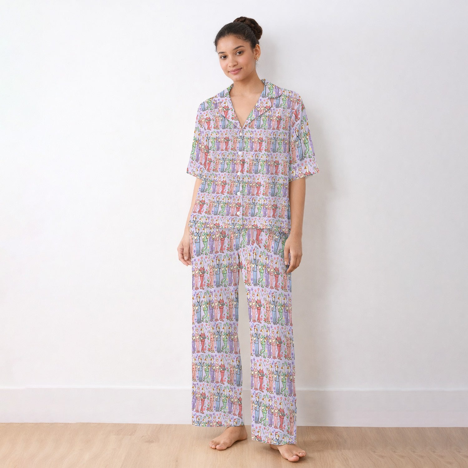 Goose Characters Floral Medical Team Uniform Pattern Pajama Set, Breathable Fabrics Uniform