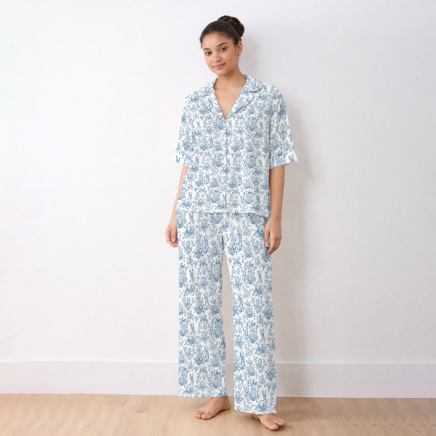 Easter Bunny Floral Egg Toile Pattern Pajama Set, Soft Breathable Fabric Comfortable Sleepwear