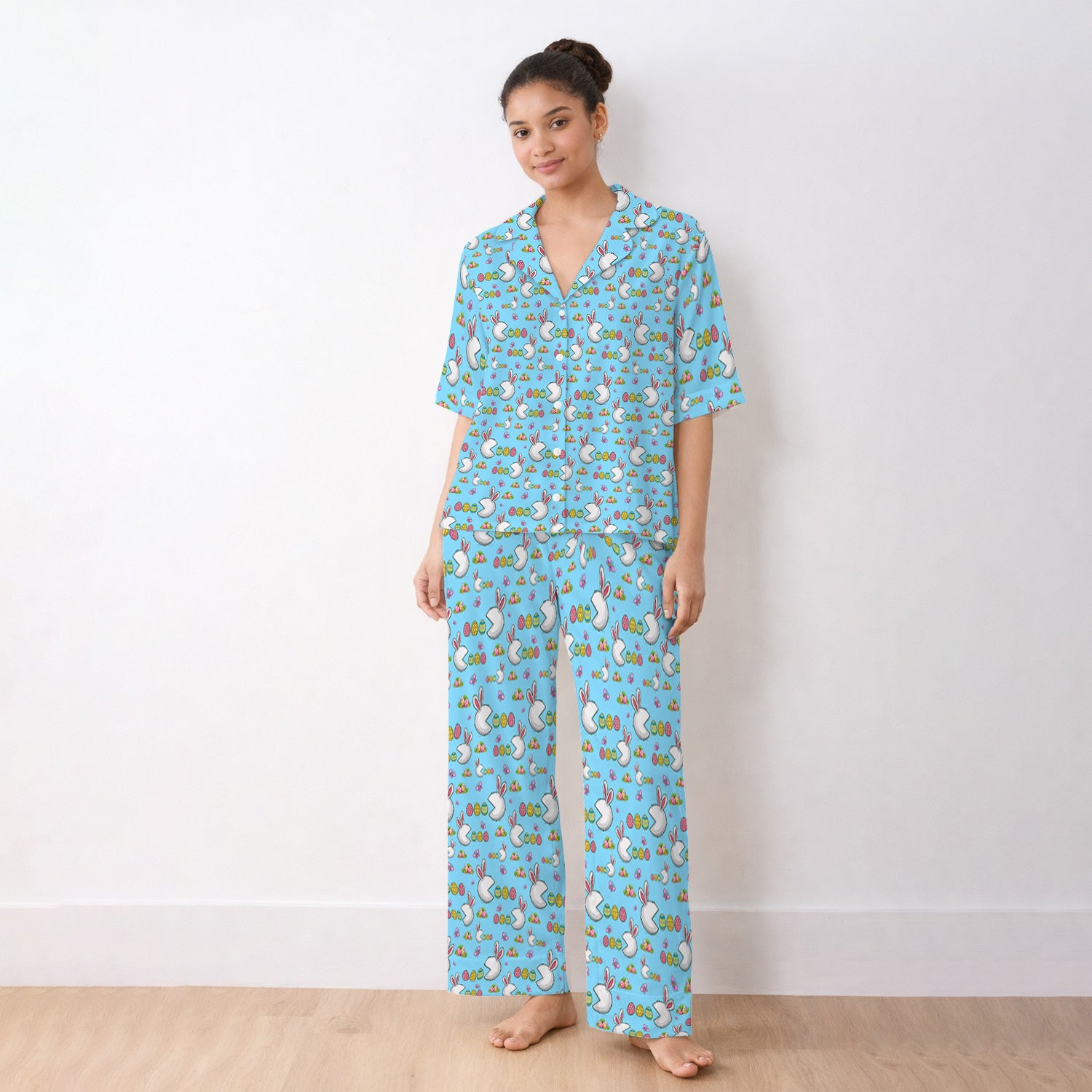 Easter Bunny and Colorful Eggs Print  Pajama Set, Breathable Fabrics Uniform