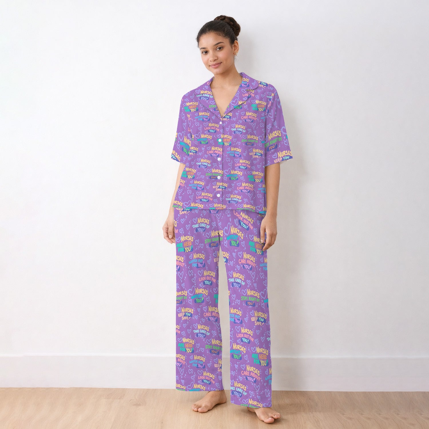 Inspirational Nurse Quote Care Message Pattern Pajama Set, Breathable Fabrics Uniform