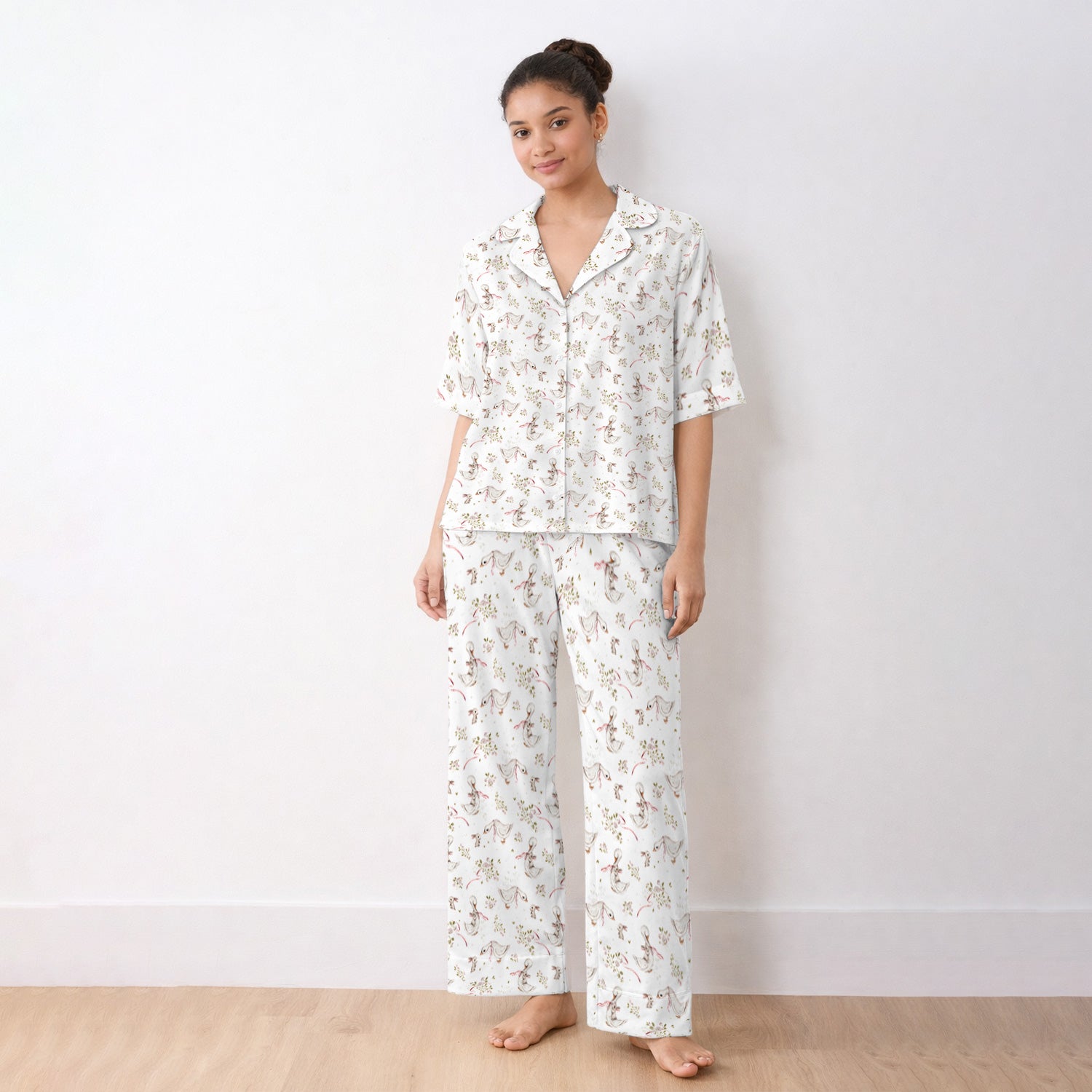Cute Duck Bunny Floral Print Pajama Set, Soft Breathable Fabric Comfortable Sleepwear