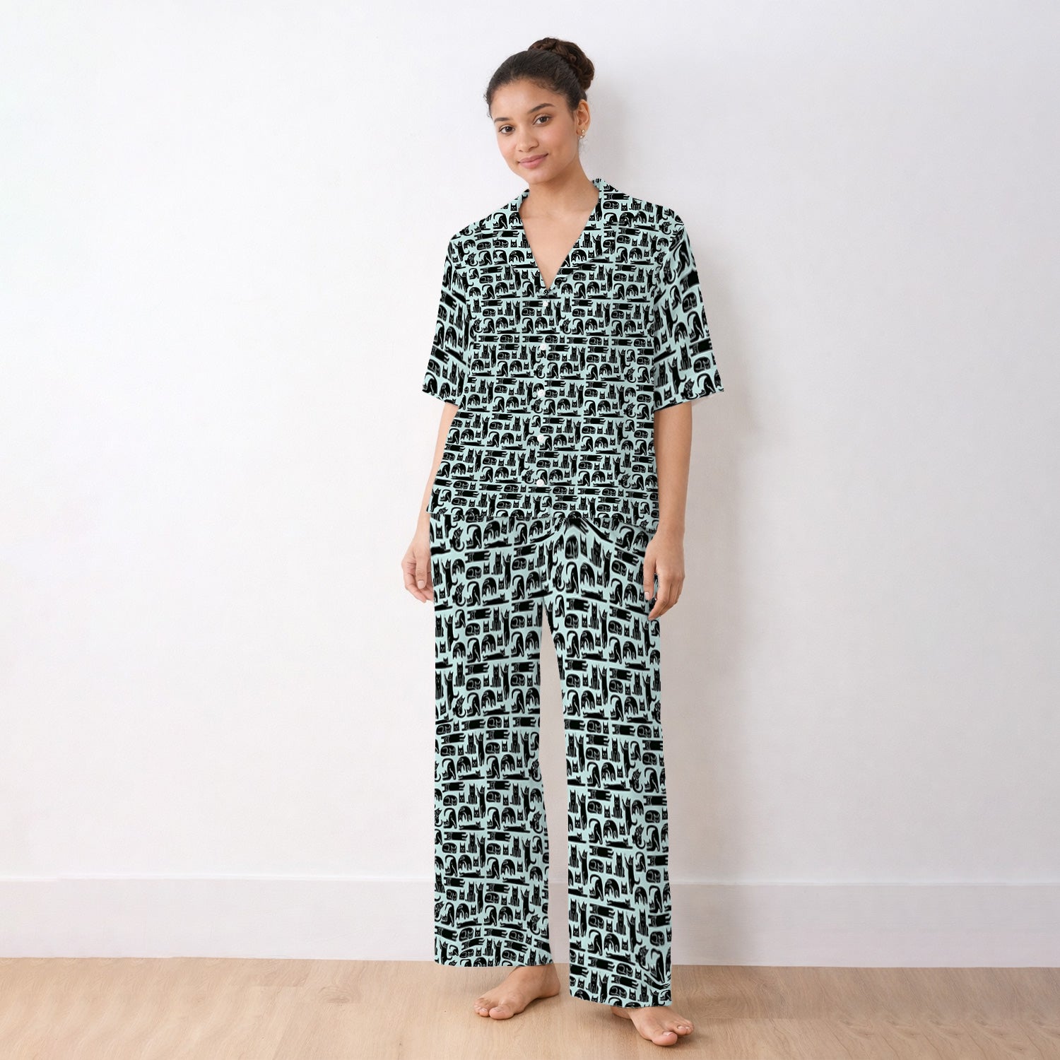 Cute Funny Cat Poses Print Pajama Set, Breathable Fabrics Uniform