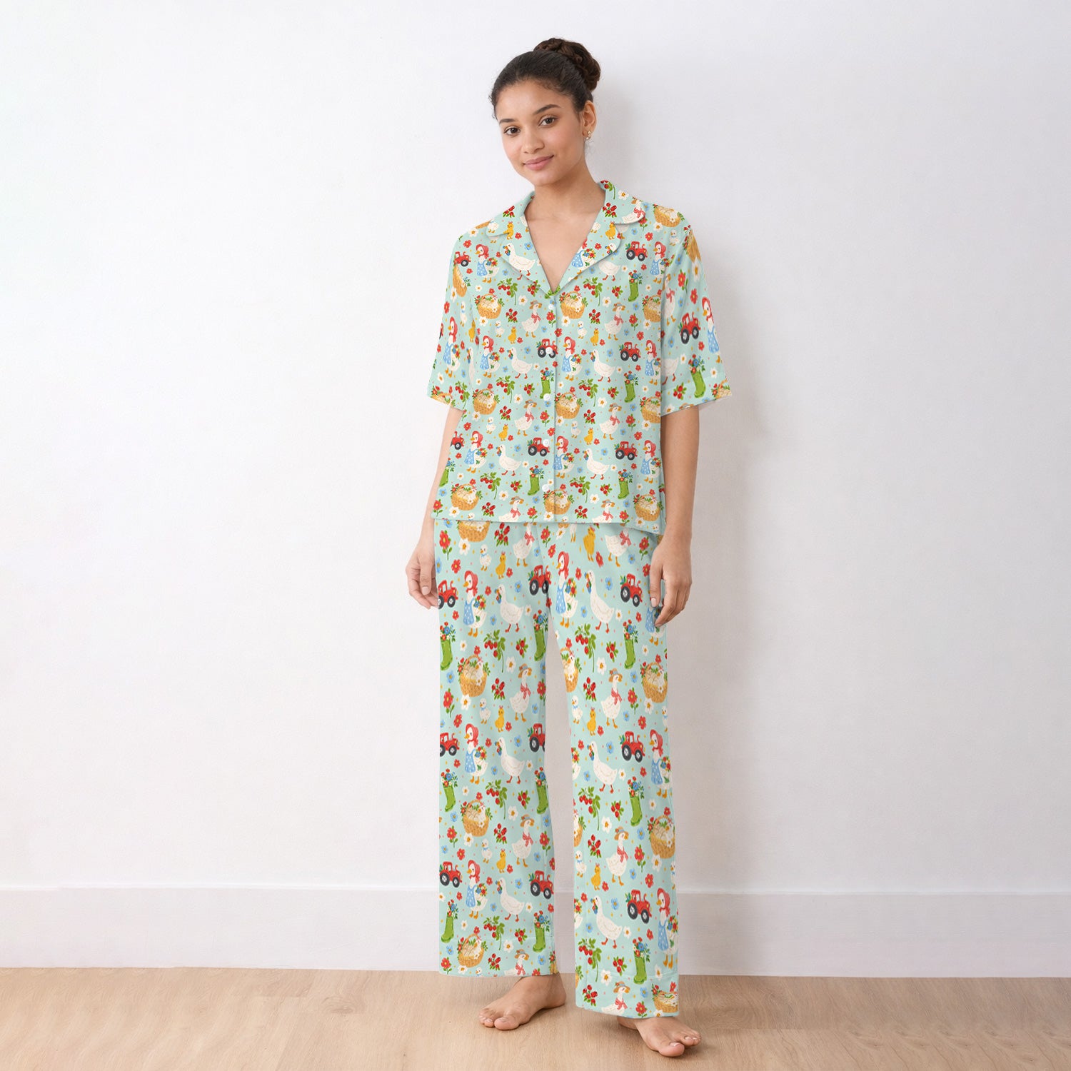 Farm Duck Chicken Tractor Flower Basket Pajama Set, Breathable Fabrics Uniform