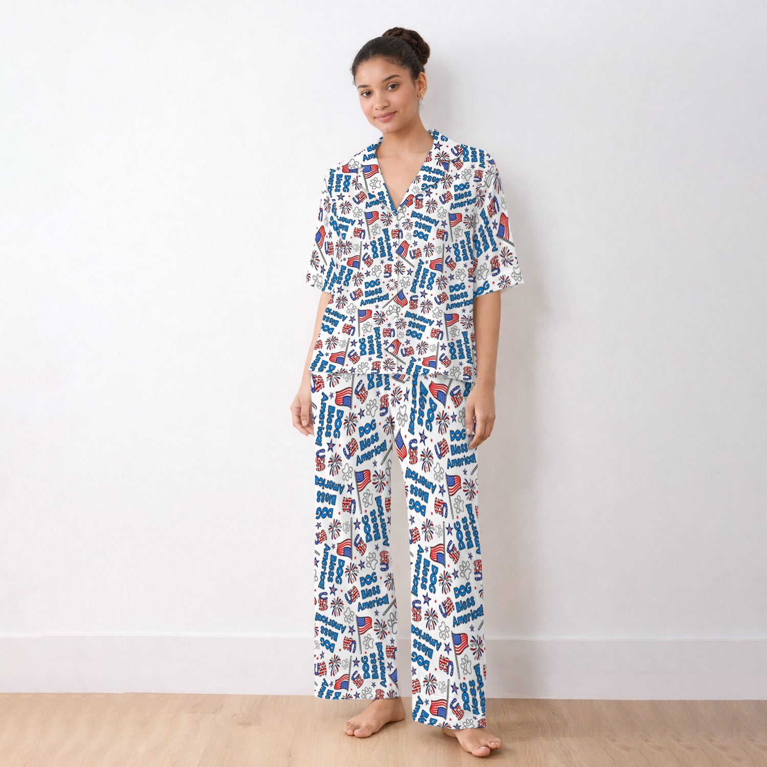 Funny Patriotic Dog Bless America Flag Pattern Pajama Set, Soft Breathable Fabric Comfortable Sleepwear