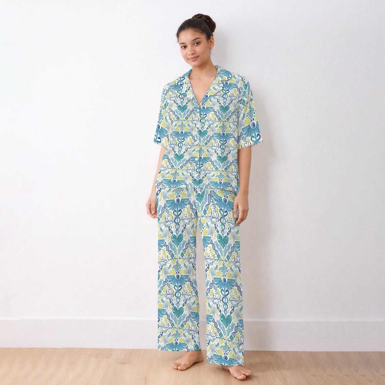 Inspirational Botanical Medical Caduceus Heart Nurse Pattern Pajama Set, Breathable Fabrics Uniform