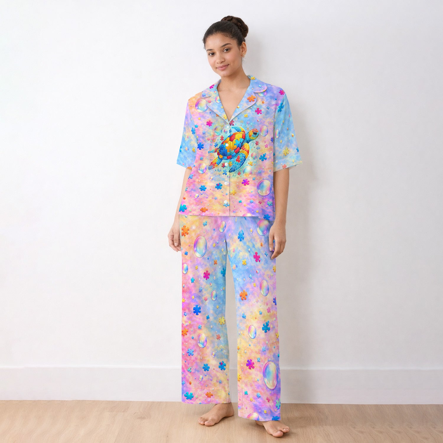 Autism Puzzle Sea Turtle Pastel Rainbow Print Pajama Set, Soft Breathable Fabric Comfortable Sleepwear