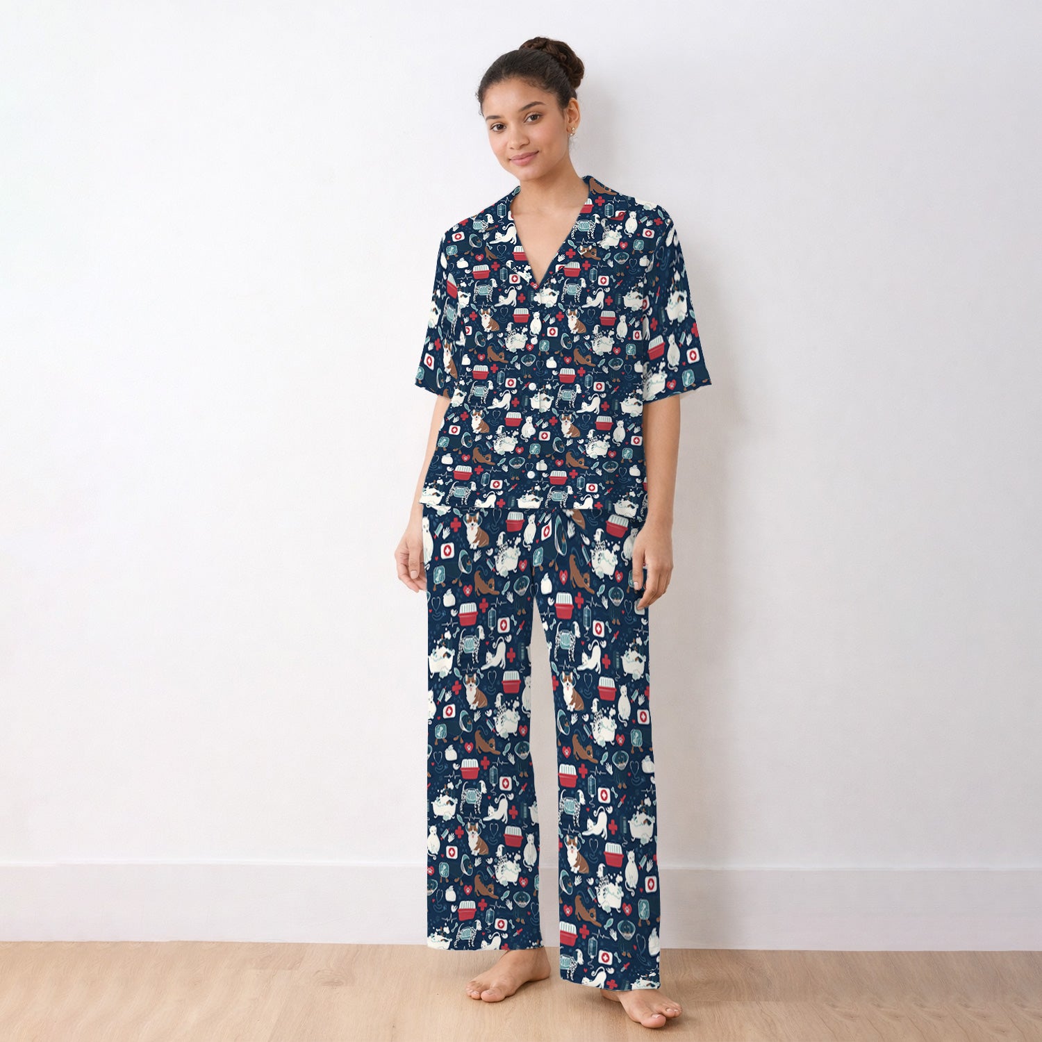 Dogs With Veterinary Tools And Paw Print Pajama Set, Breathable Fabrics Uniform