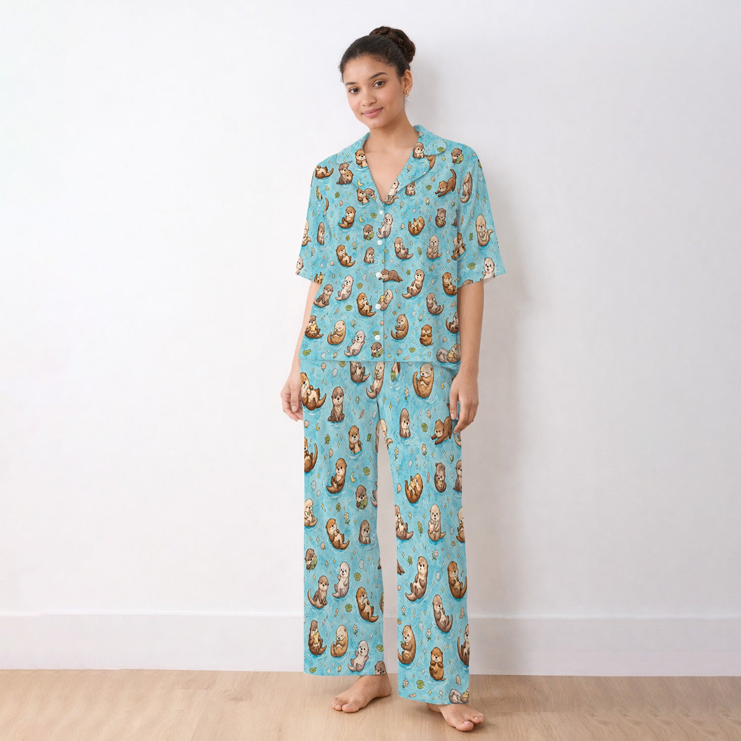 Cute Otter Pond Nurse Print Pajama Set, Soft Breathable Fabric Comfortable Sleepwear
