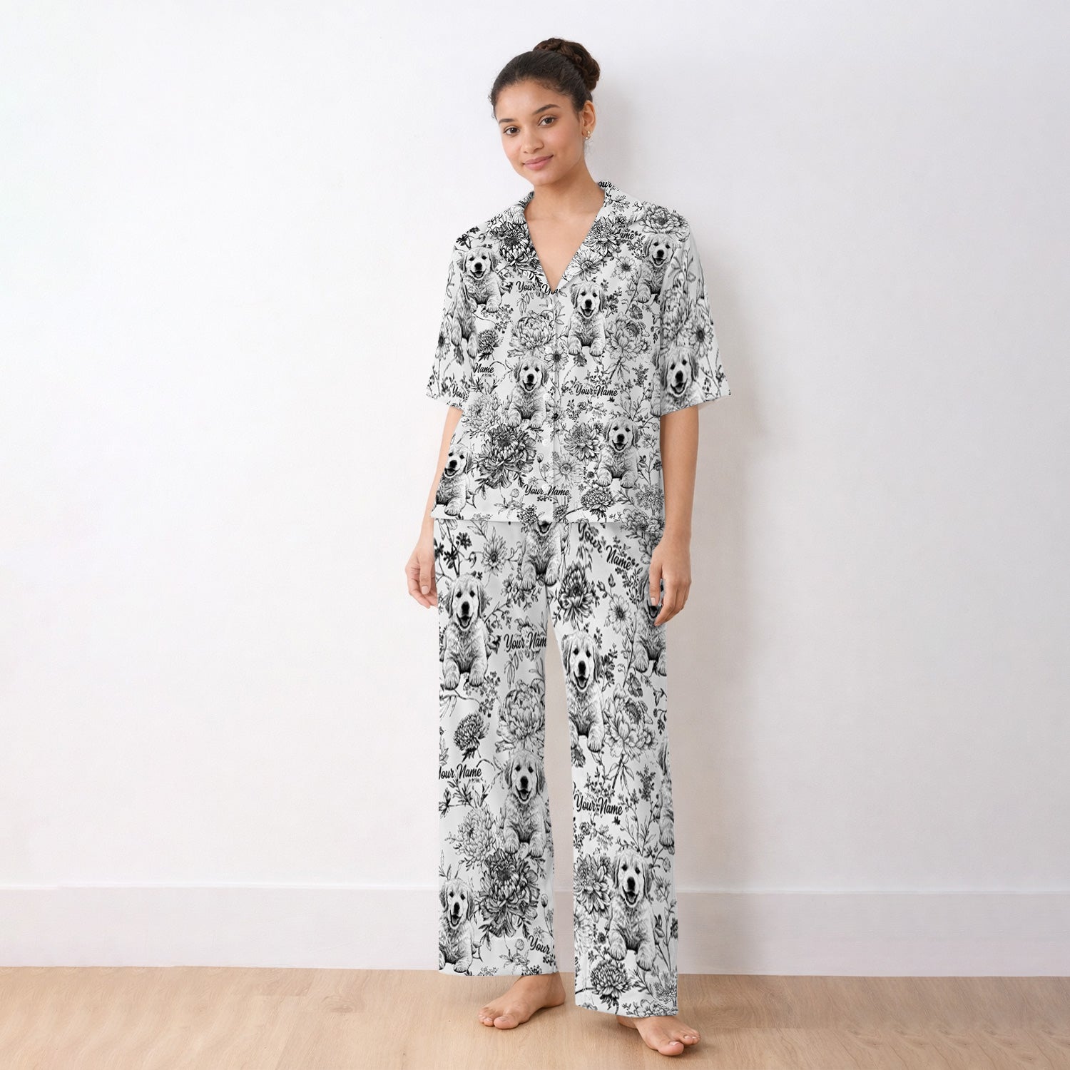 Personalized Custom Pet Photo Name Floral Pattern Pajama Set, Soft Breathable Fabric Comfortable Sleepwear