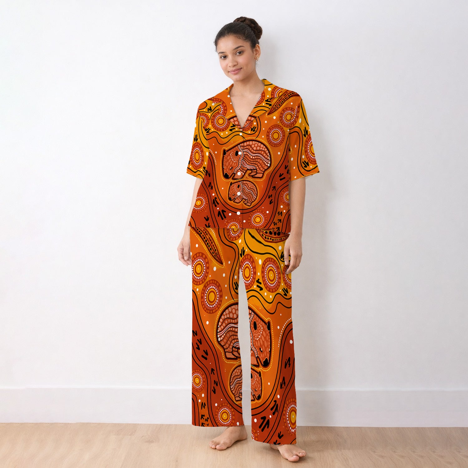 Australian Aboriginal Wombat Family Art Pattern Pajama Set, Soft Breathable Fabric Comfortable Sleepwear