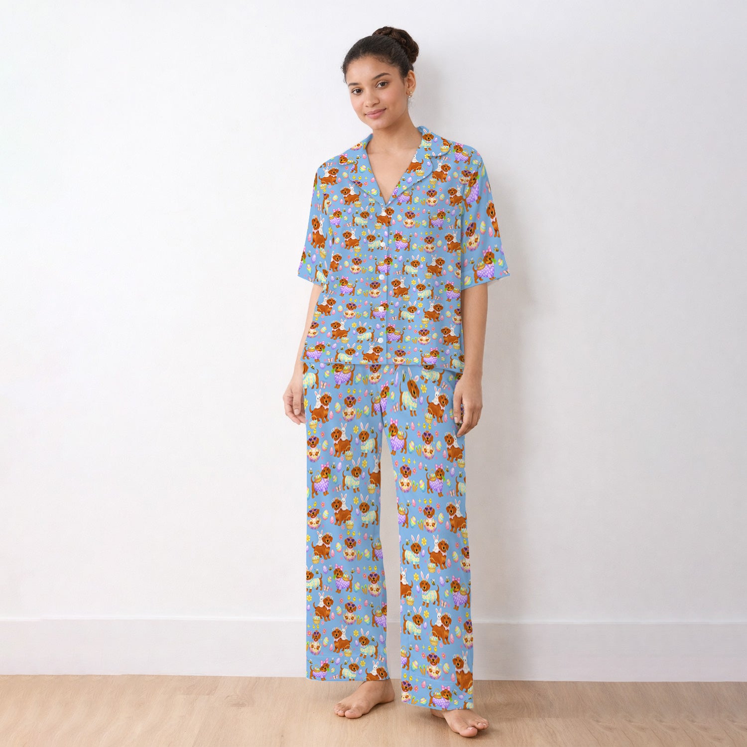 Cute Easter Dachshund Dog Pattern Pajama Set, Breathable Fabrics Uniform