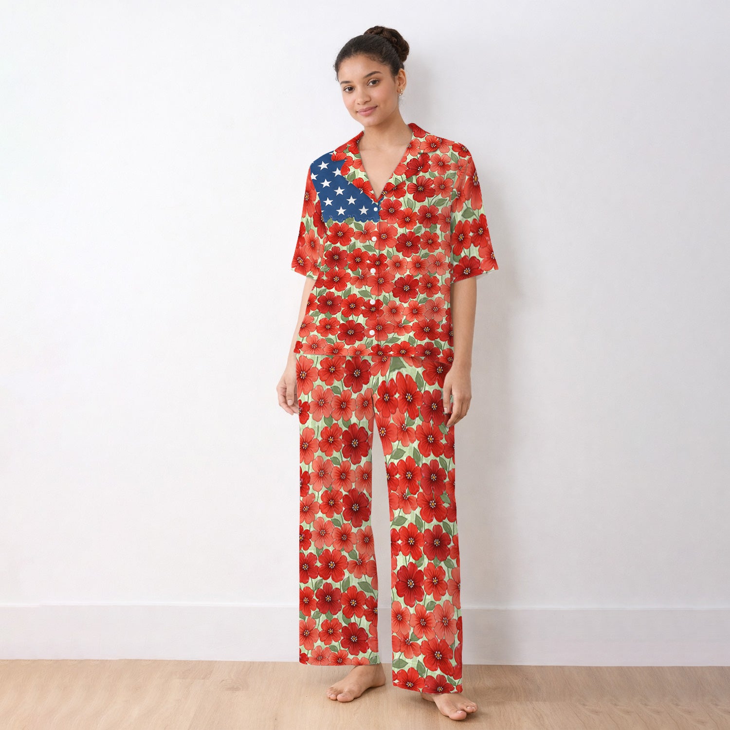 Patriotic USA Flag With Red Floral Blossom Pattern Pajama Set, Soft Breathable Fabric Comfortable Sleepwear