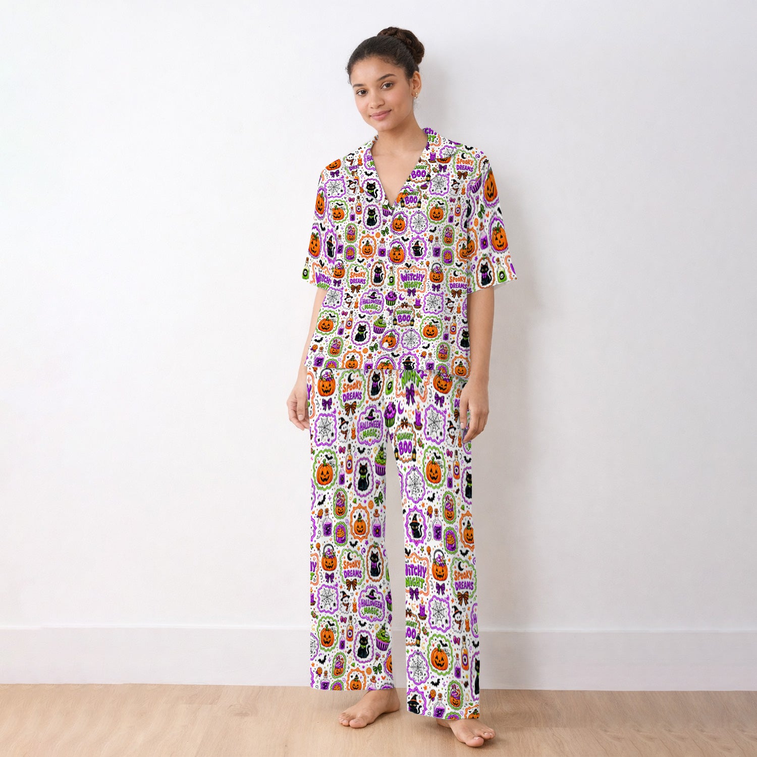 Witchy Halloween Magic And Pumpkins Pajama Set, Soft Breathable Fabric Comfortable Sleepwear
