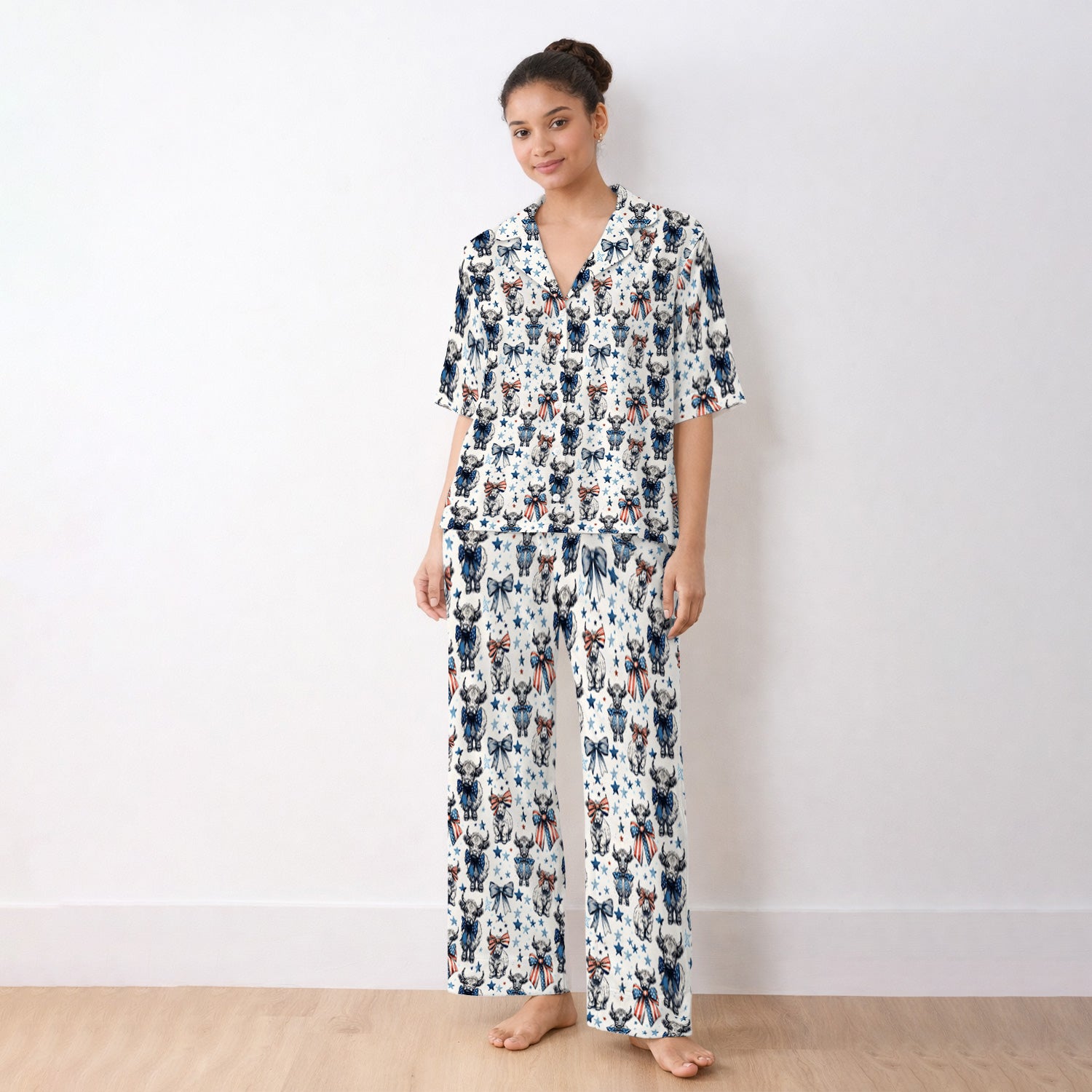 Patriotic Highland Cow Stars Pattern Pajama Set, Soft Breathable Fabric Comfortable Sleepwear