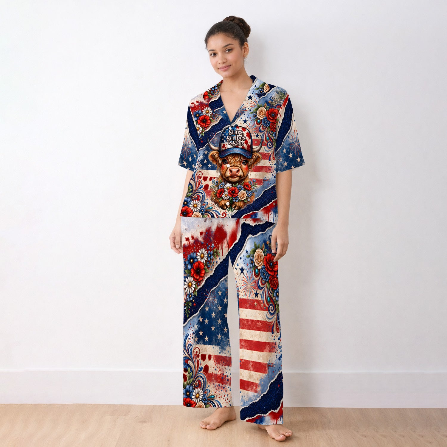 Patriotic Highland Cow Nurse Pattern, Healthcare Workers Pajama Set, Soft Breathable Fabric Comfortable Sleepwear