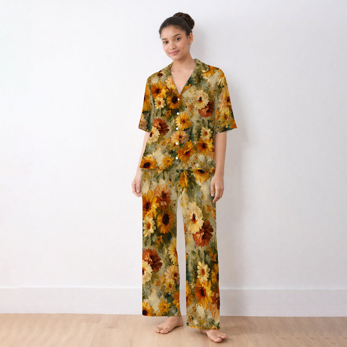 Vintage Sunflower Oil Painting Pajama Set, Soft Breathable Fabric Comfortable Sleepwear