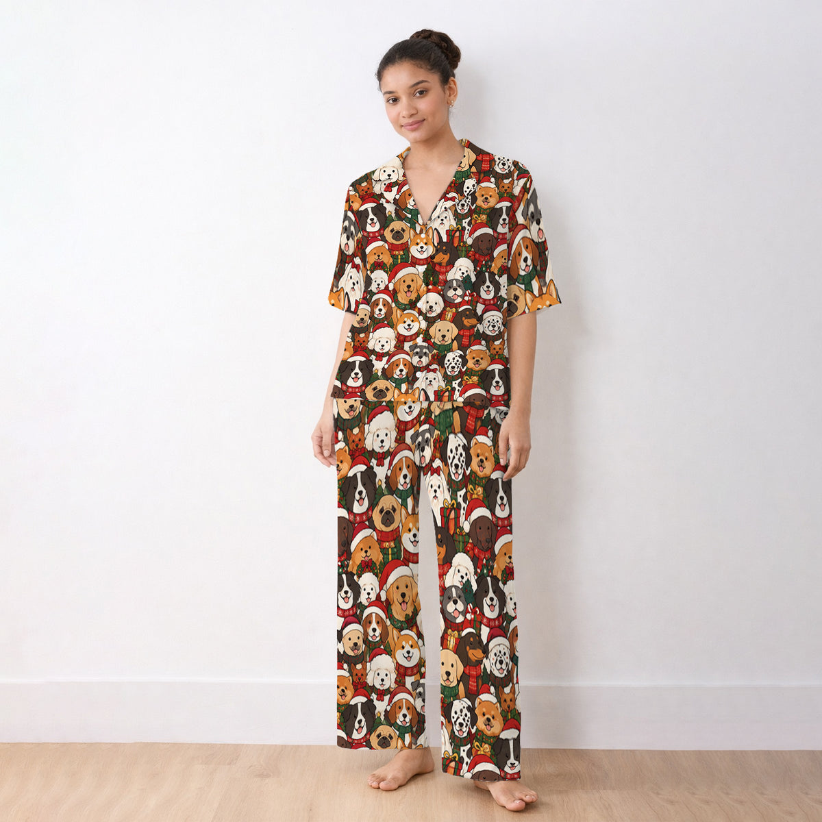 Christmas Dog Breeds Collage Pattern Pajama Set, Soft Breathable Fabric Comfortable Sleepwear