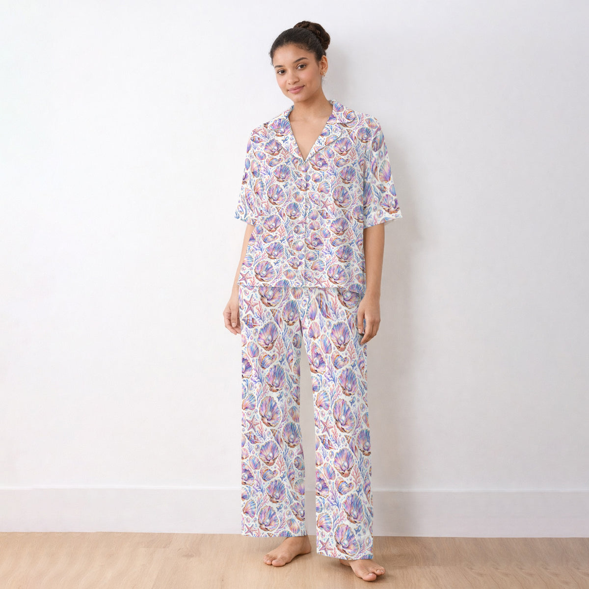 Pastel Seashell And Pearl Pattern Pajama Set, Soft Breathable Fabric Comfortable Sleepwear