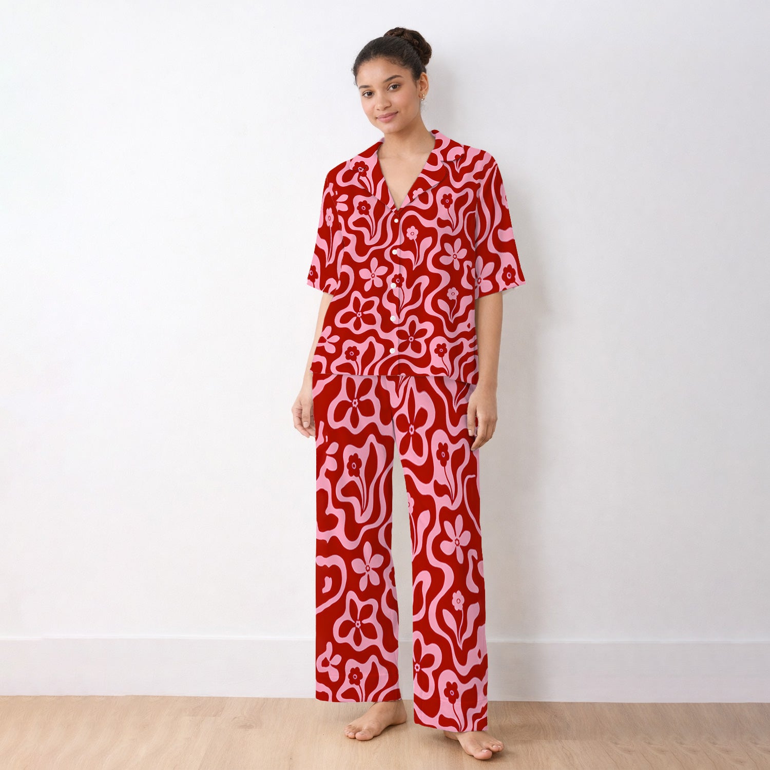 Retro Pink Floral Pattern, Groovy Medical Pajama Set, Soft Breathable Fabric Comfortable Sleepwear
