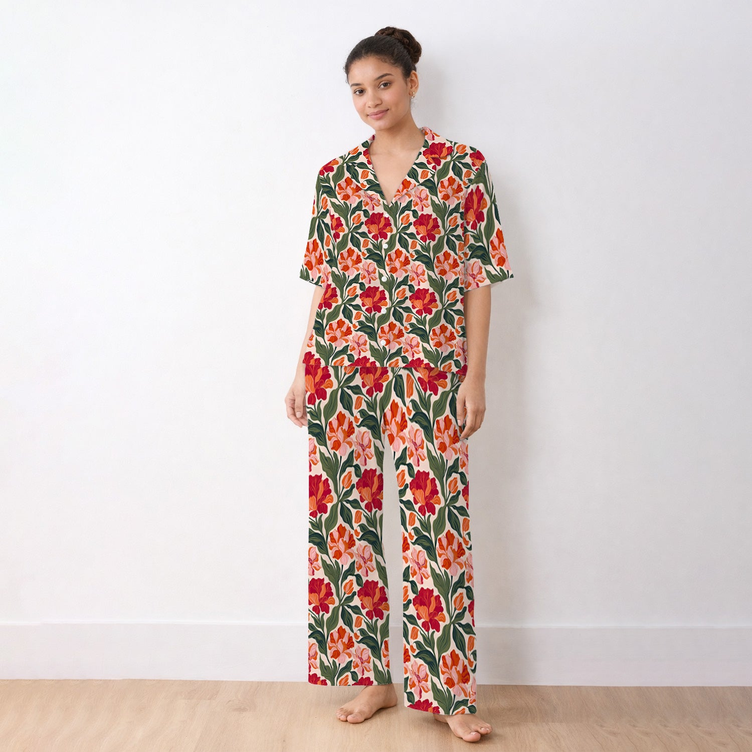 Pretty Tropical Floral Print Pajama Set, Soft Breathable Fabric Comfortable Sleepwear