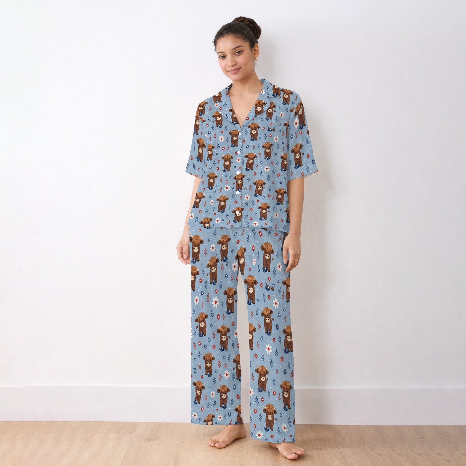Floral Cowboy Boots Pattern Pajama Set, Soft Breathable Fabric Comfortable Sleepwear