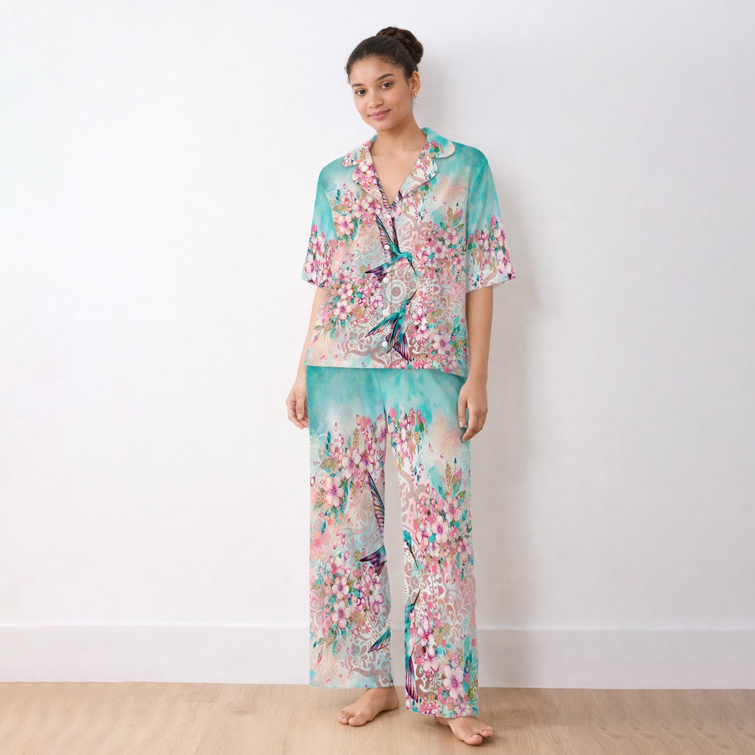 Charming Hummingbird Cherry Blossom Pattern Pajama Set, Soft Breathable Fabric Comfortable Sleepwear