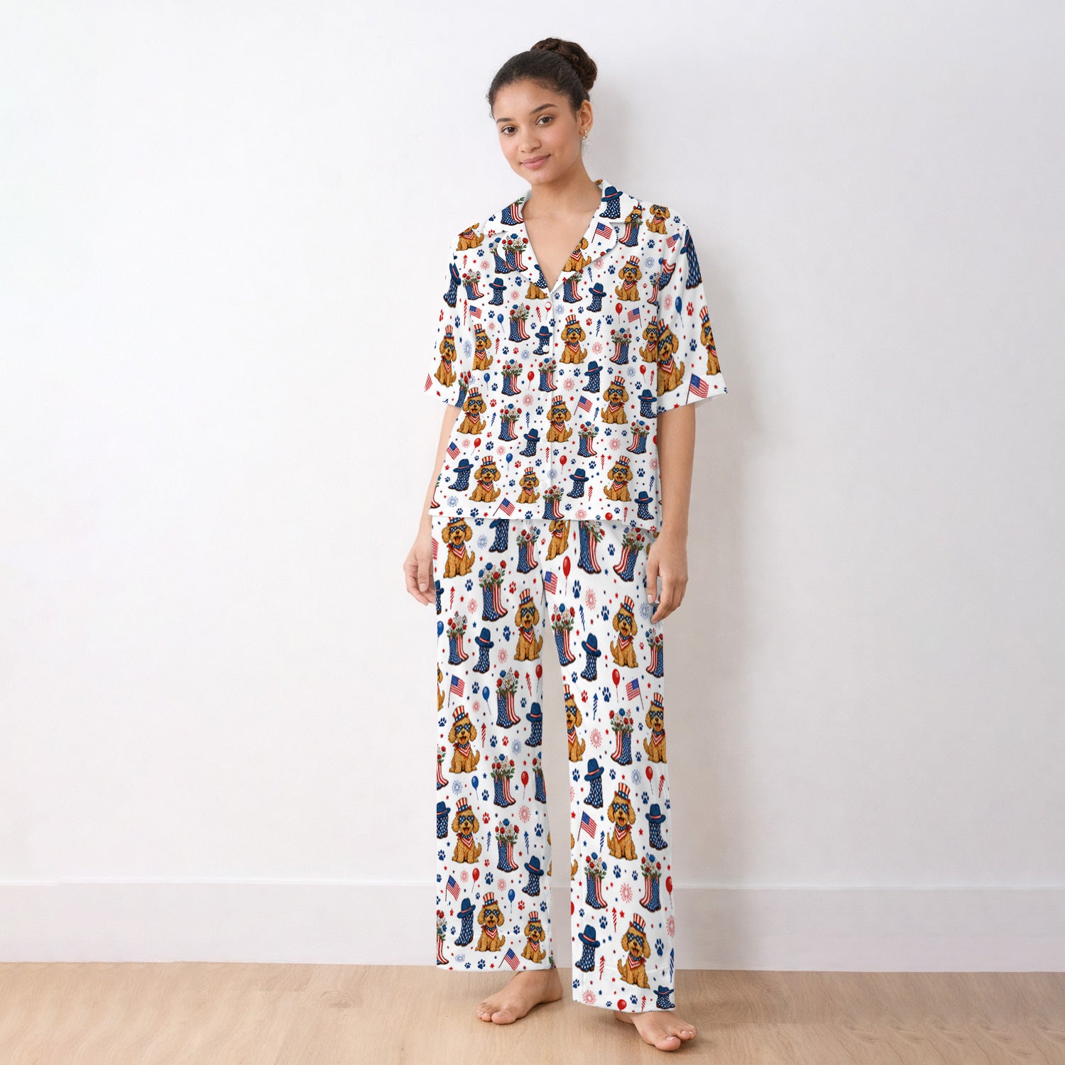 Patriotic Puppy Cowboy Boots Pattern Pajama Set, Soft Breathable Fabric Comfortable Sleepwear