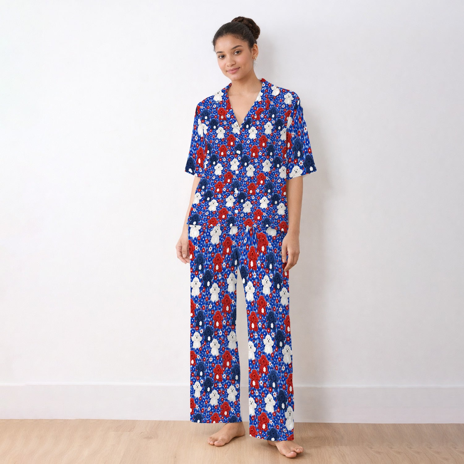 Cute Poodle Floral Garden Print Pajama Set, Soft Breathable Fabric Comfortable Sleepwear
