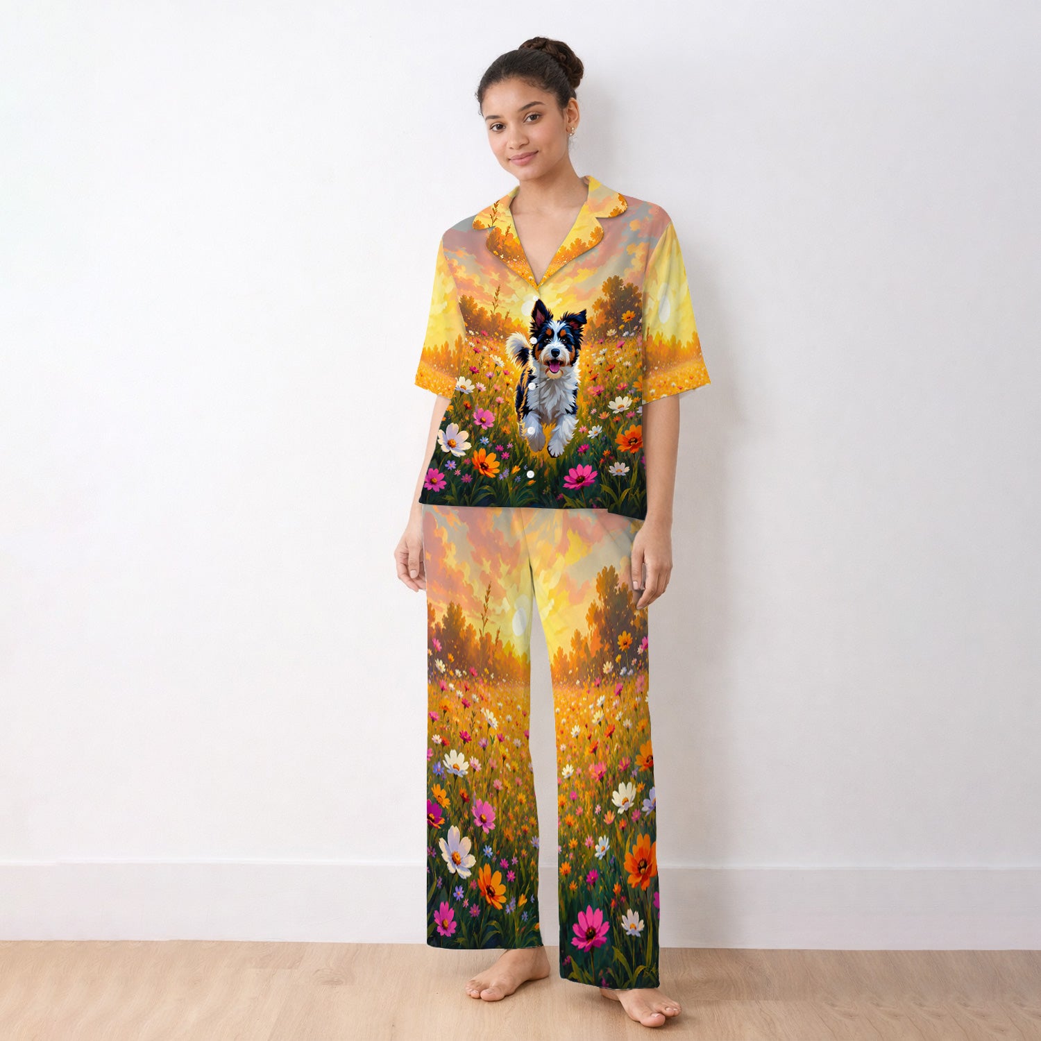 Cute Floral Meadow Dog Print Pajama Set, Soft Breathable Fabric Comfortable Sleepwear
