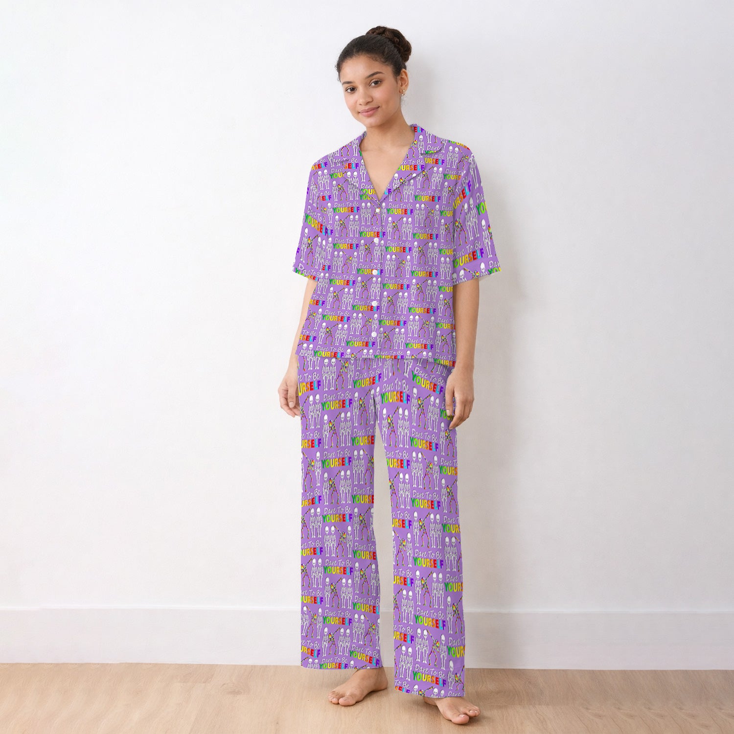 Rainbow Skeleton Dare To Be Yourself Pattern Pajama Set, Breathable Fabrics Uniform