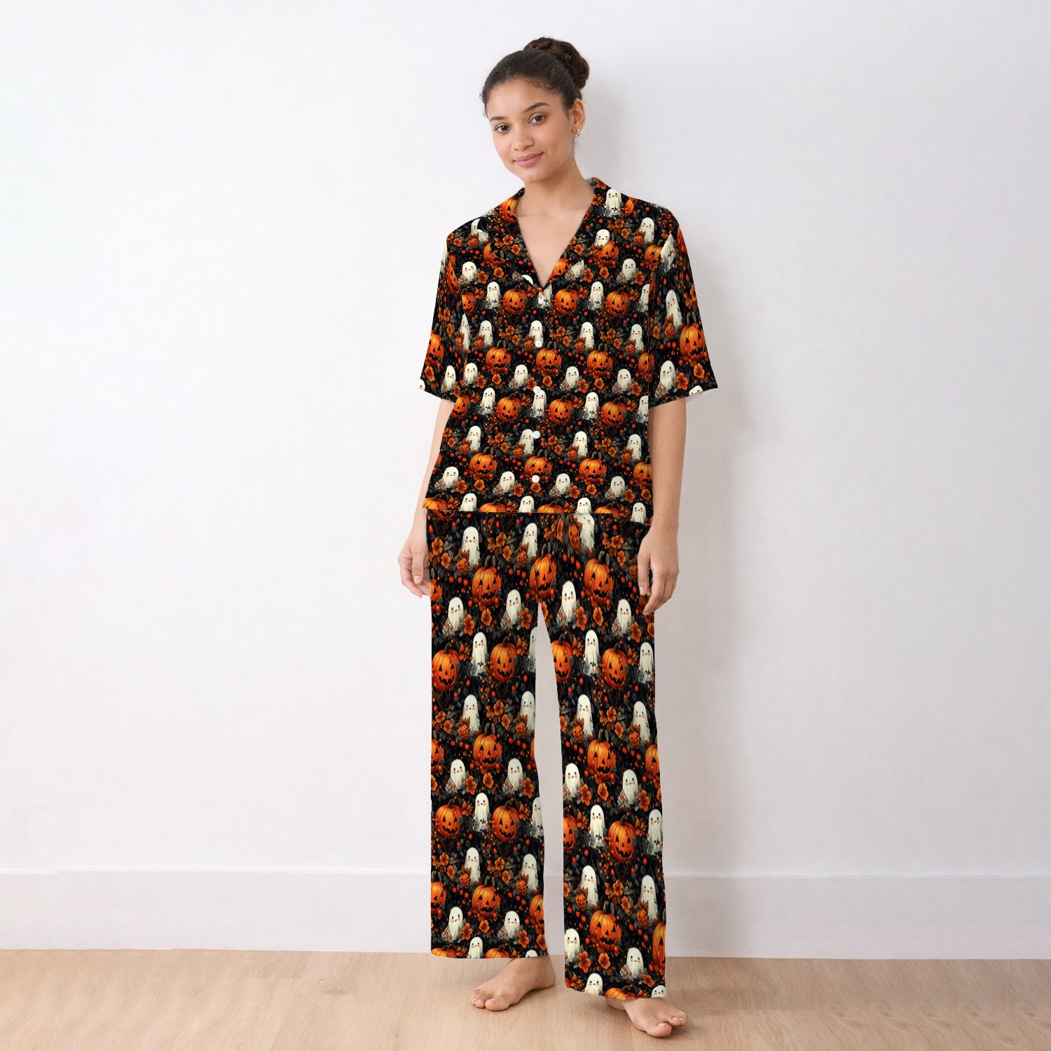 Spooky Halloween Ghost And Pumpkin Pattern Pajama Set, Soft Breathable Fabric Comfortable Sleepwear