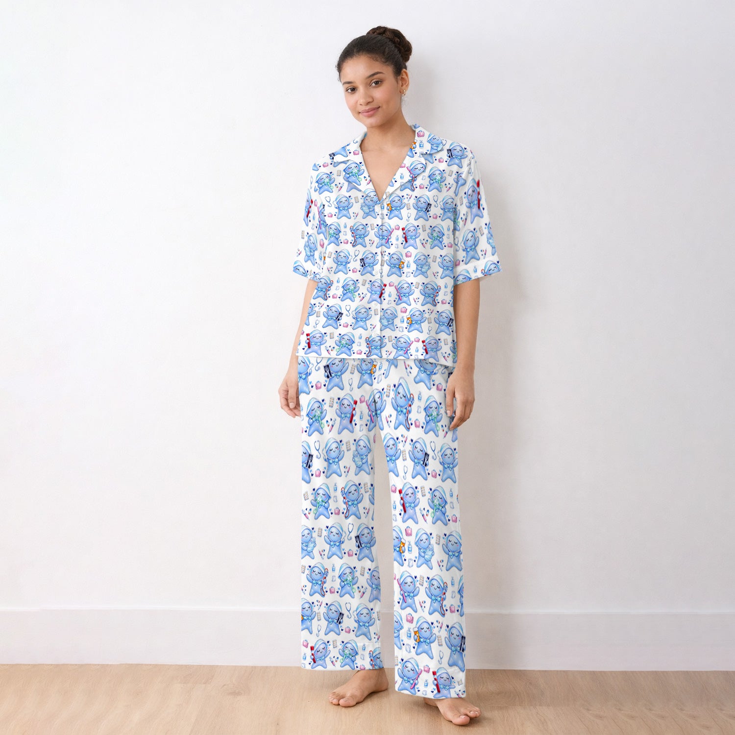 Cute Tooth Character Dental Tools Caring Pattern Pajama Set, Breathable Fabrics Uniform