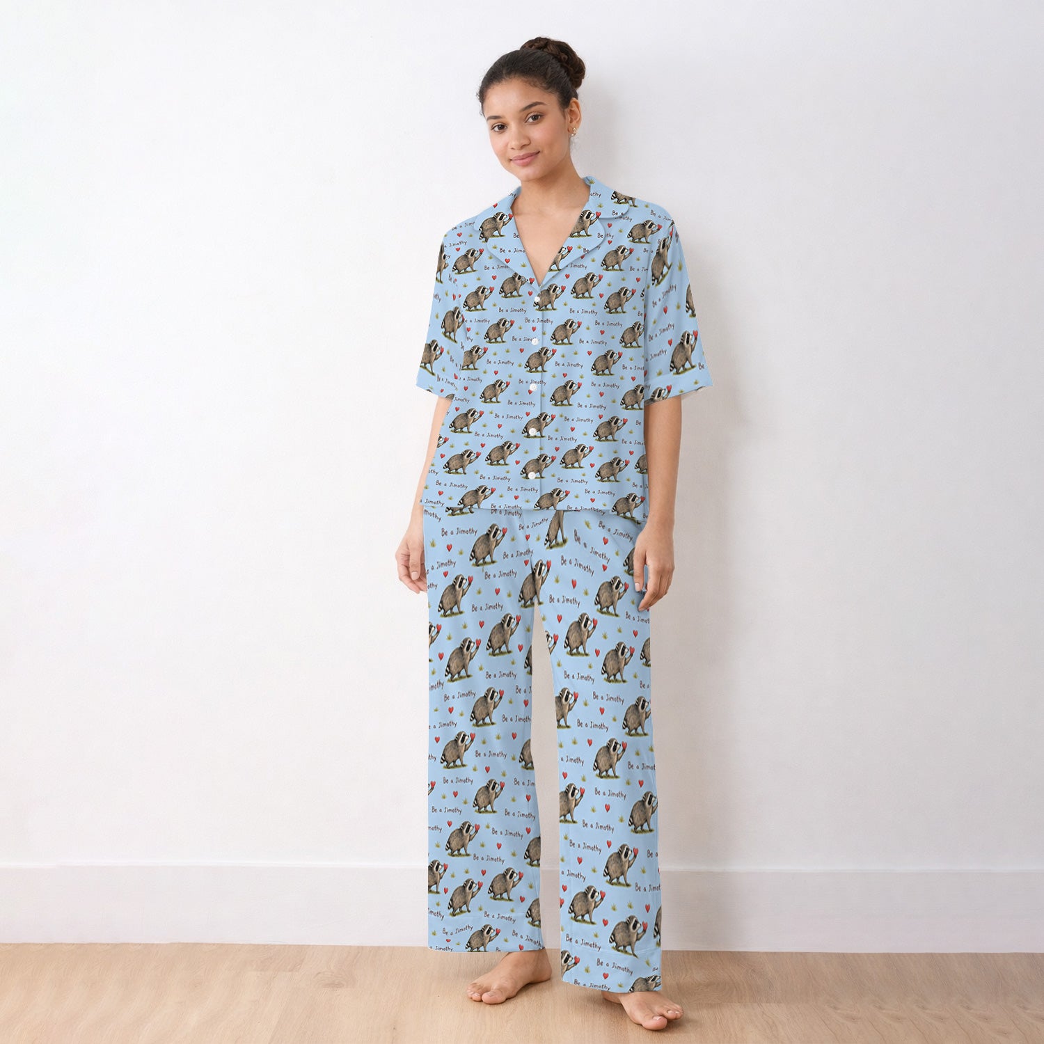 Cute Be A Jimothy Raccoon Hearts Pajama Set, Soft Breathable Fabric Comfortable Sleepwear