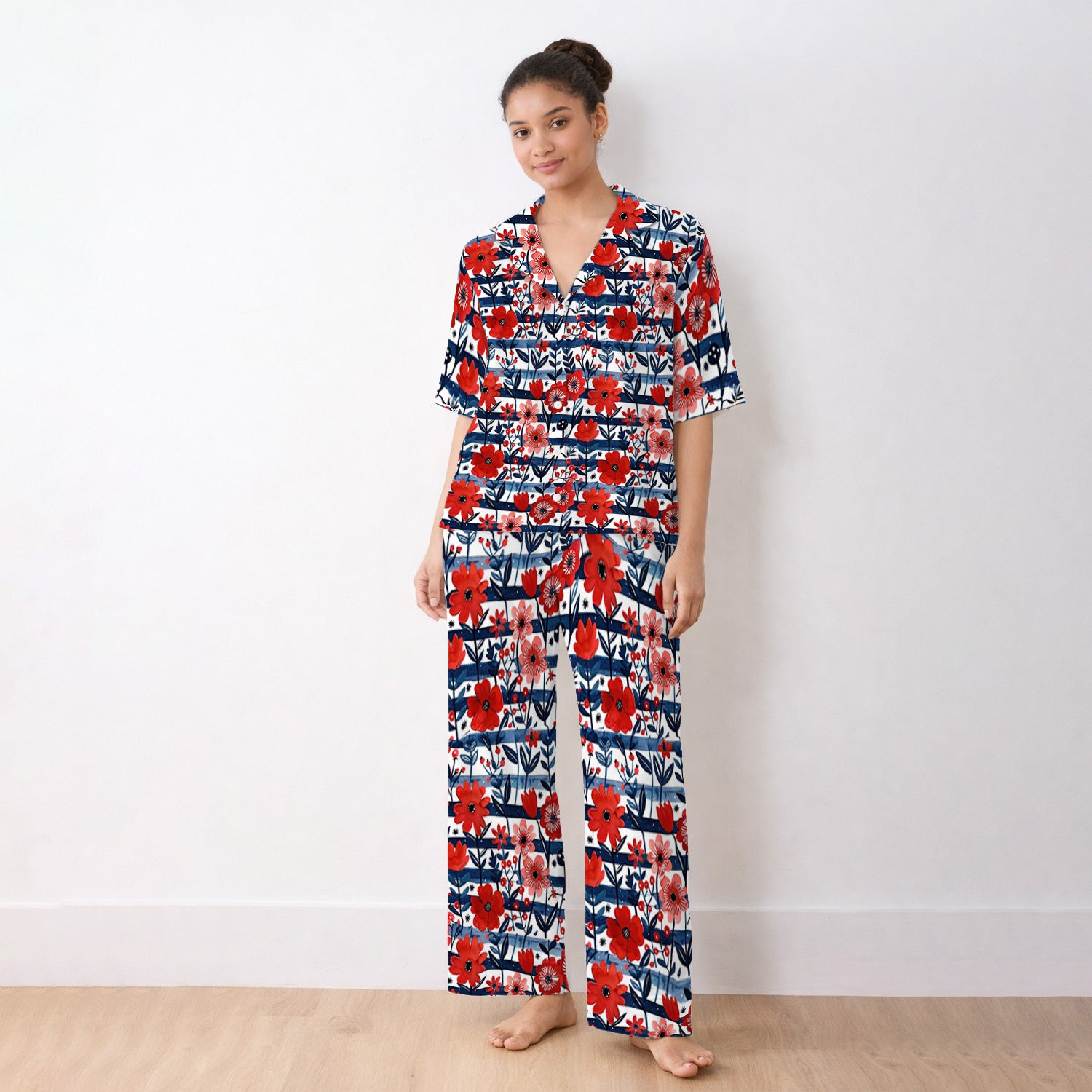 Red Poppy Navy Stripe Pattern Pajama Set, Soft Breathable Fabric Comfortable Sleepwear