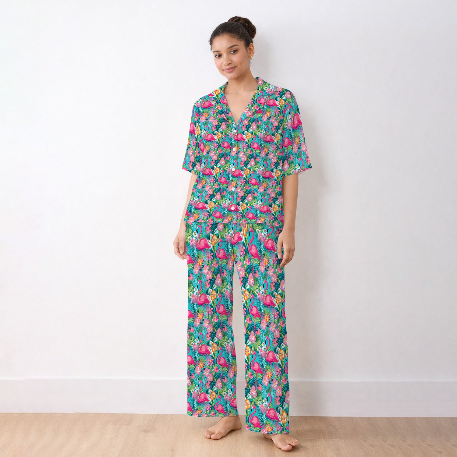 Tropical Flamingo Floral Pattern Pajama Set, Soft Breathable Fabric Comfortable Sleepwear