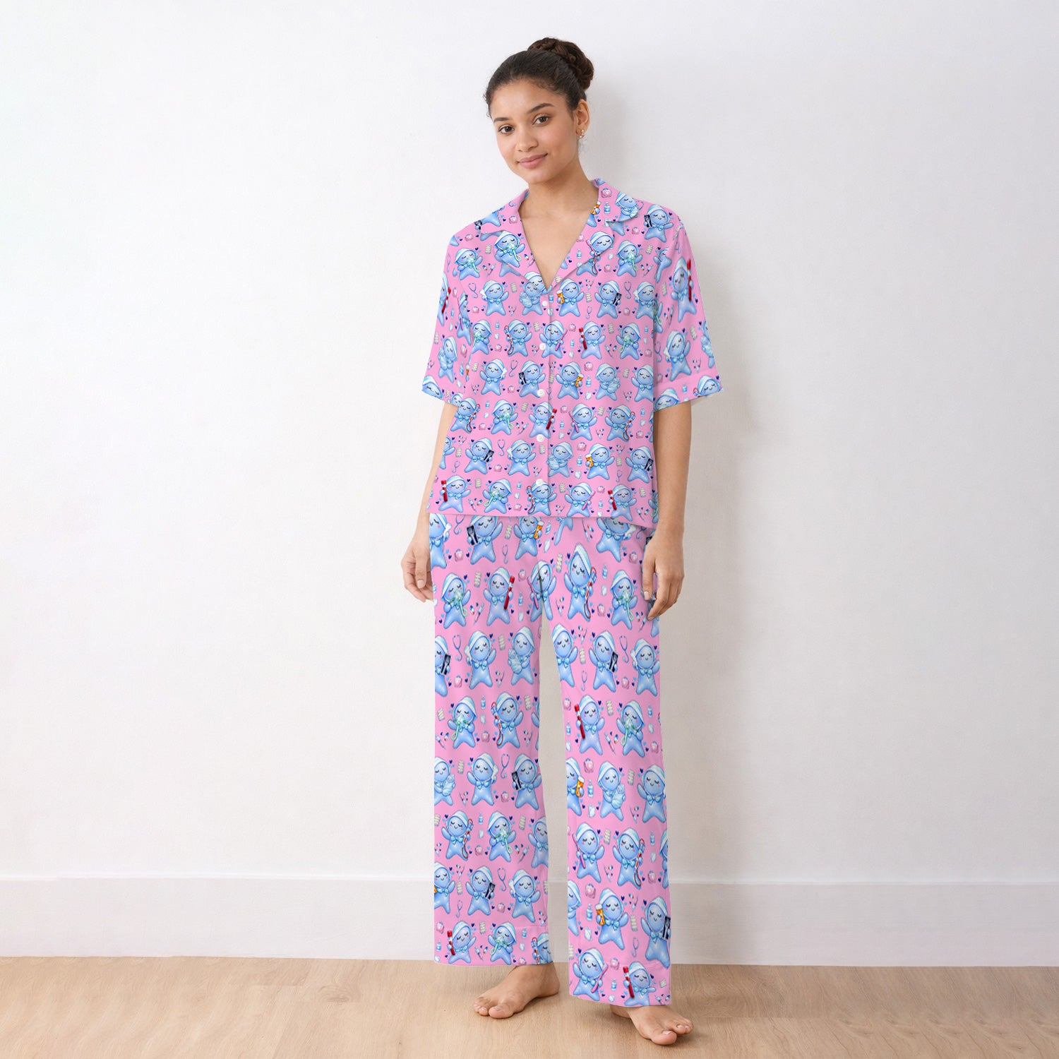 Cute Tooth Character Dental Tools Caring Pattern Pajama Set, Breathable Fabrics Uniform
