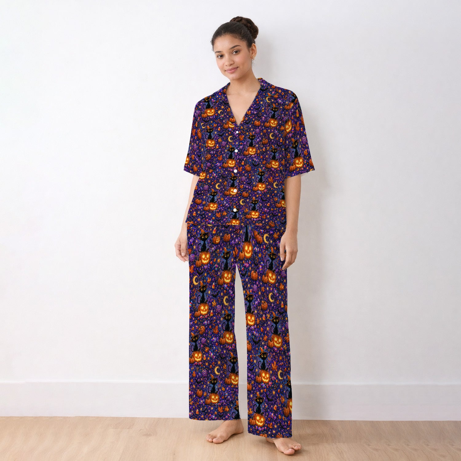 Mystical Halloween Witch Cat Pajama Set, Soft Breathable Fabric Comfortable Sleepwear