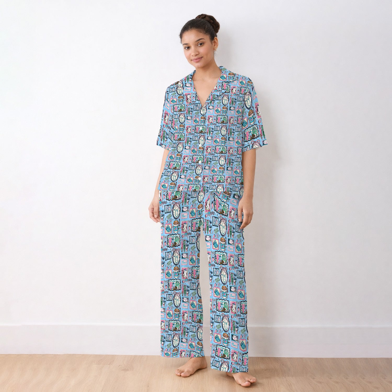 Medical Tools Stethoscope Syringe Frame Pajama Set, Breathable Fabrics Uniform