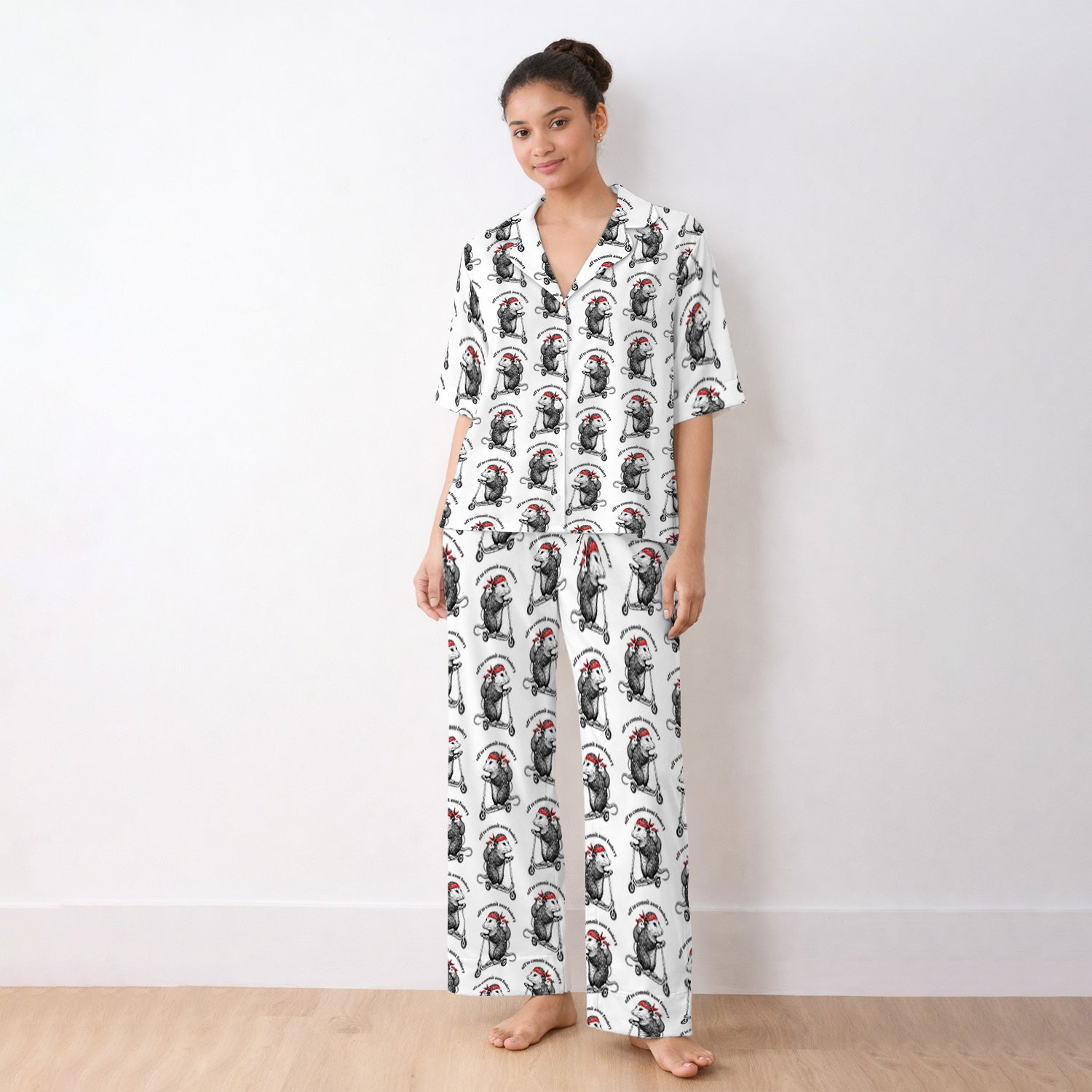 Aunt Foolery Opossum Pattern Pajama Set, Soft Breathable Fabric Comfortable Sleepwear