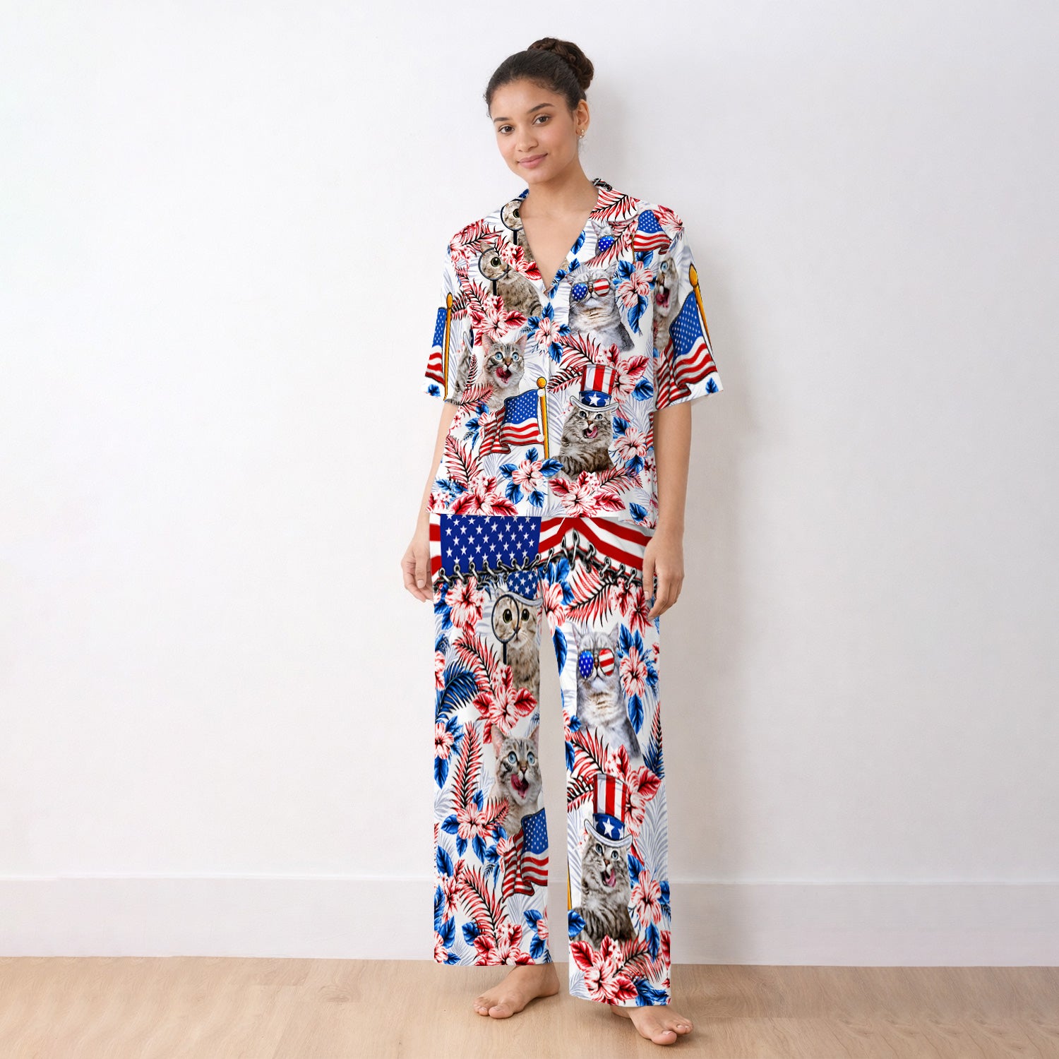 Patriotic Cat with USA Flag Pajama Set, Soft Breathable Fabric Comfortable Sleepwear