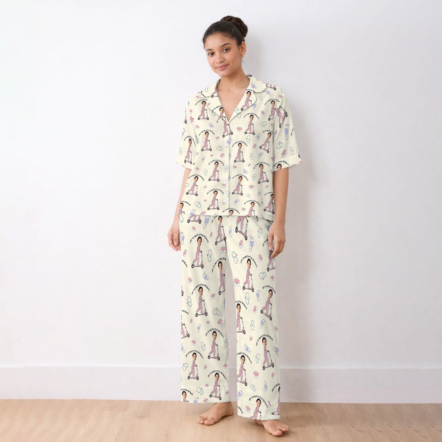 Custom Face Pediatric Nurse Scooter Pattern Pajama Set, Soft Breathable Fabric Comfortable Sleepwear