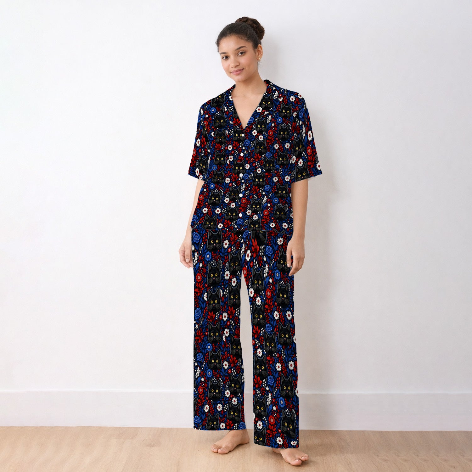 Black Cat Floral Nurse Pattern Pajama Set, Soft Breathable Fabric Comfortable Sleepwear