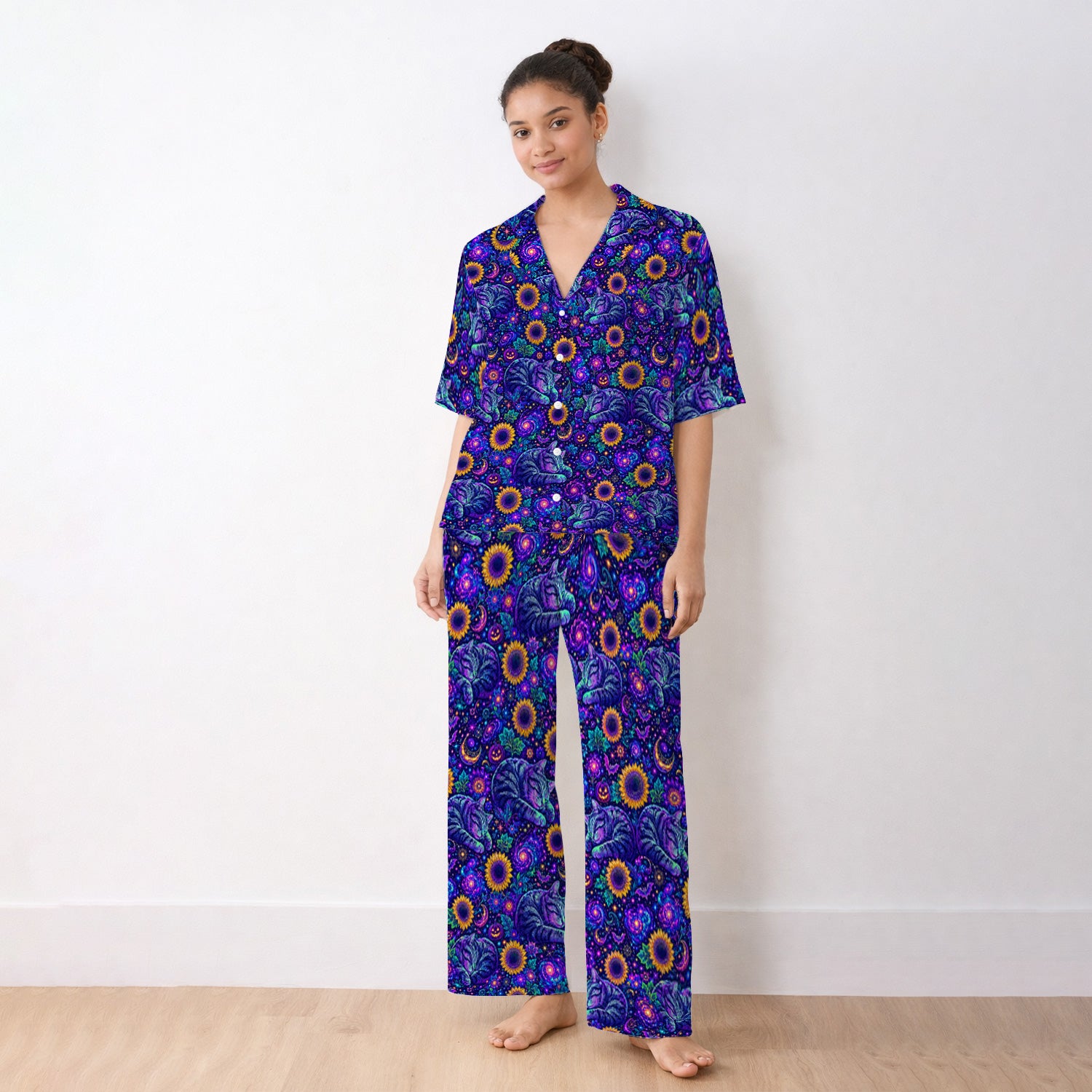 Spooky Galaxy Cat And Sunflowers Pajama Set, Soft Breathable Fabric Comfortable Sleepwear