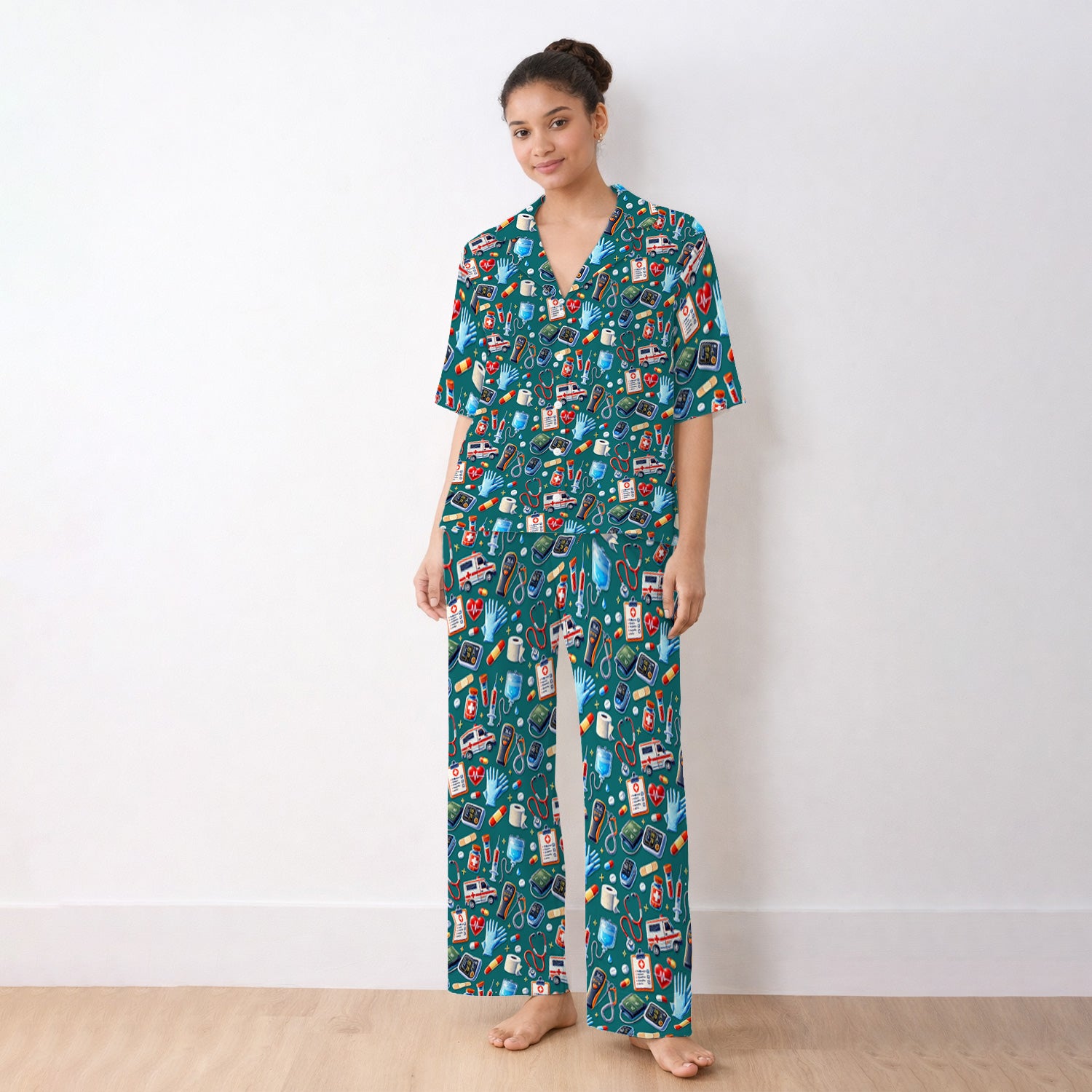 Medical Tools Pattern Ambulance Stethoscope Pajama Set, Breathable Fabrics Uniform